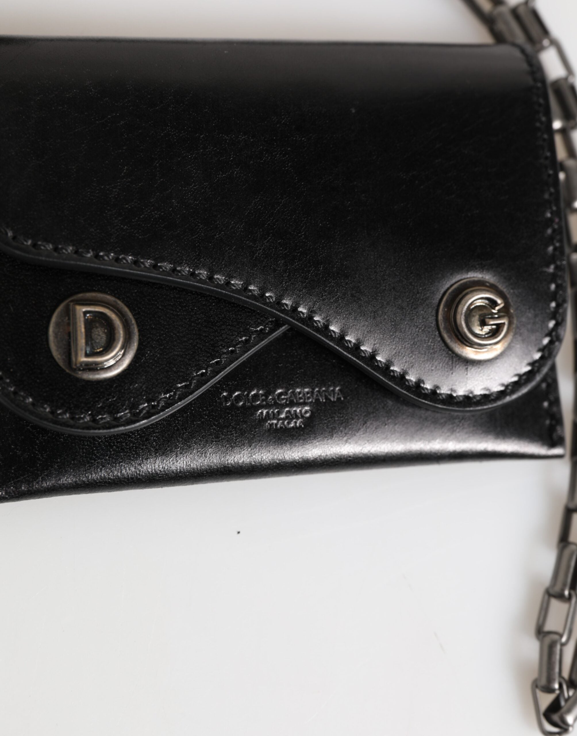 Dolce & Gabbana Black Cavallo Leather Wallet Chain Snap Bifold Card Holder-3