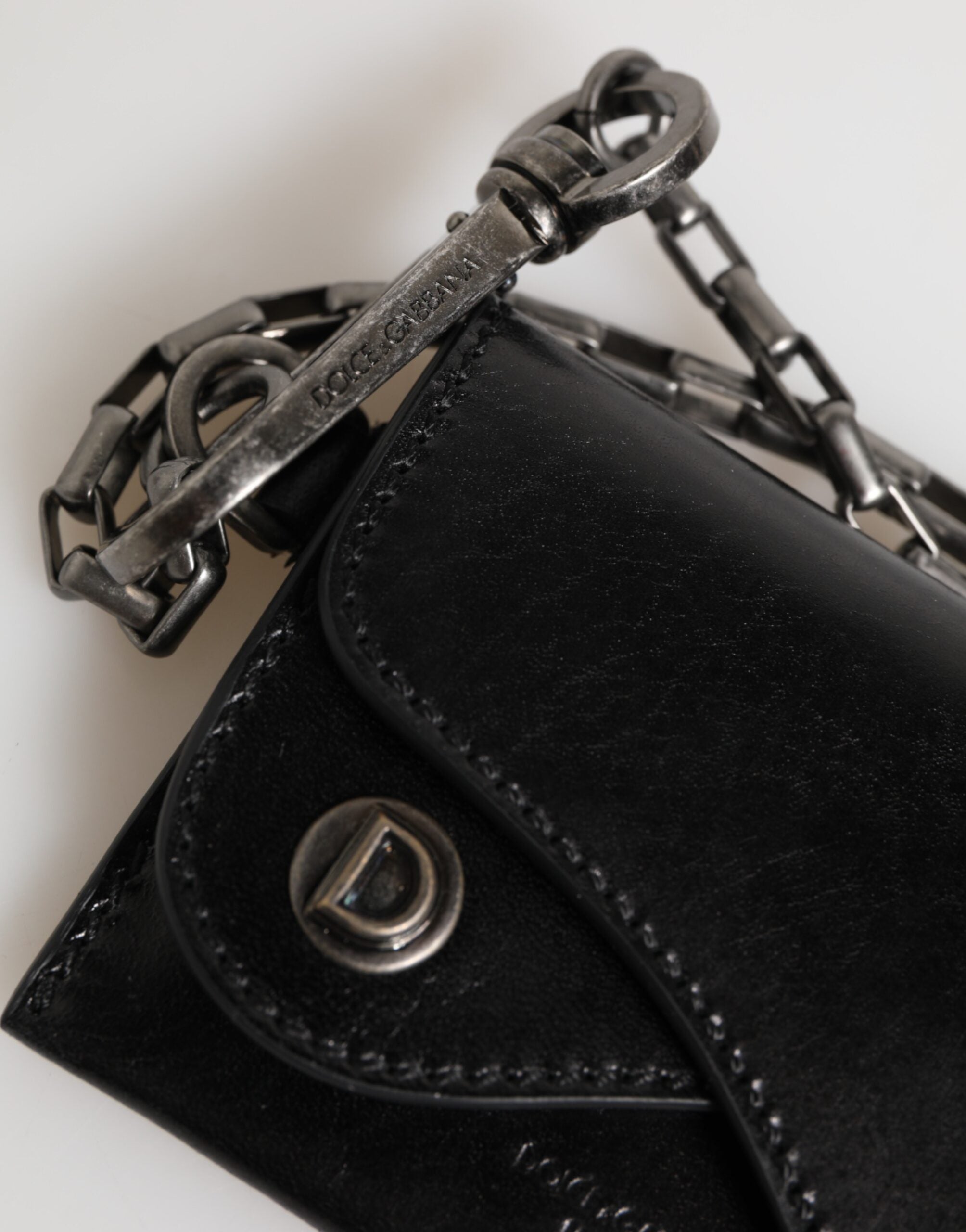 Dolce & Gabbana Black Cavallo Leather Wallet Chain Snap Bifold Card Holder-4