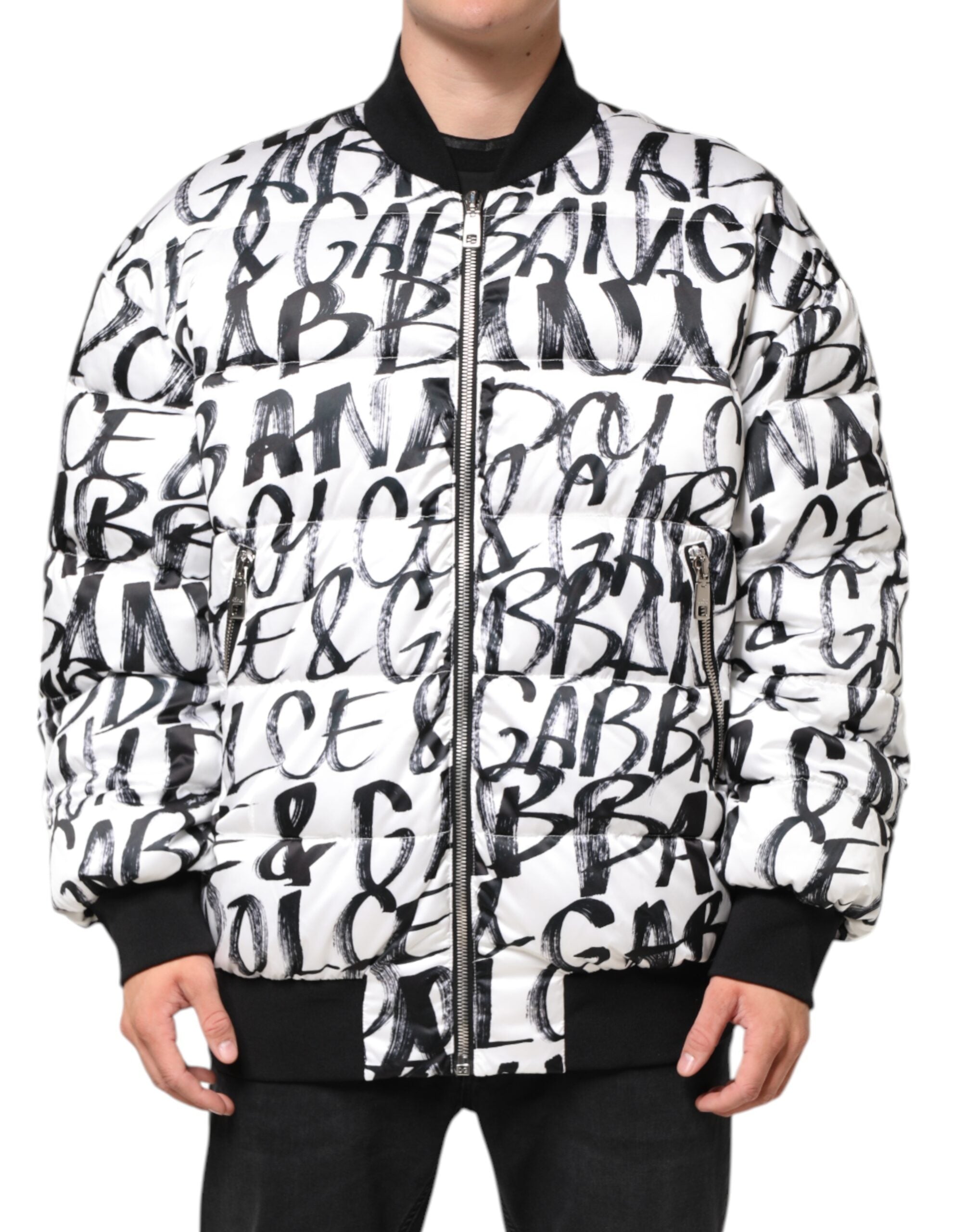 Dolce & Gabbana White Black Graffiti Logo Puffer Bomber Jacket-2