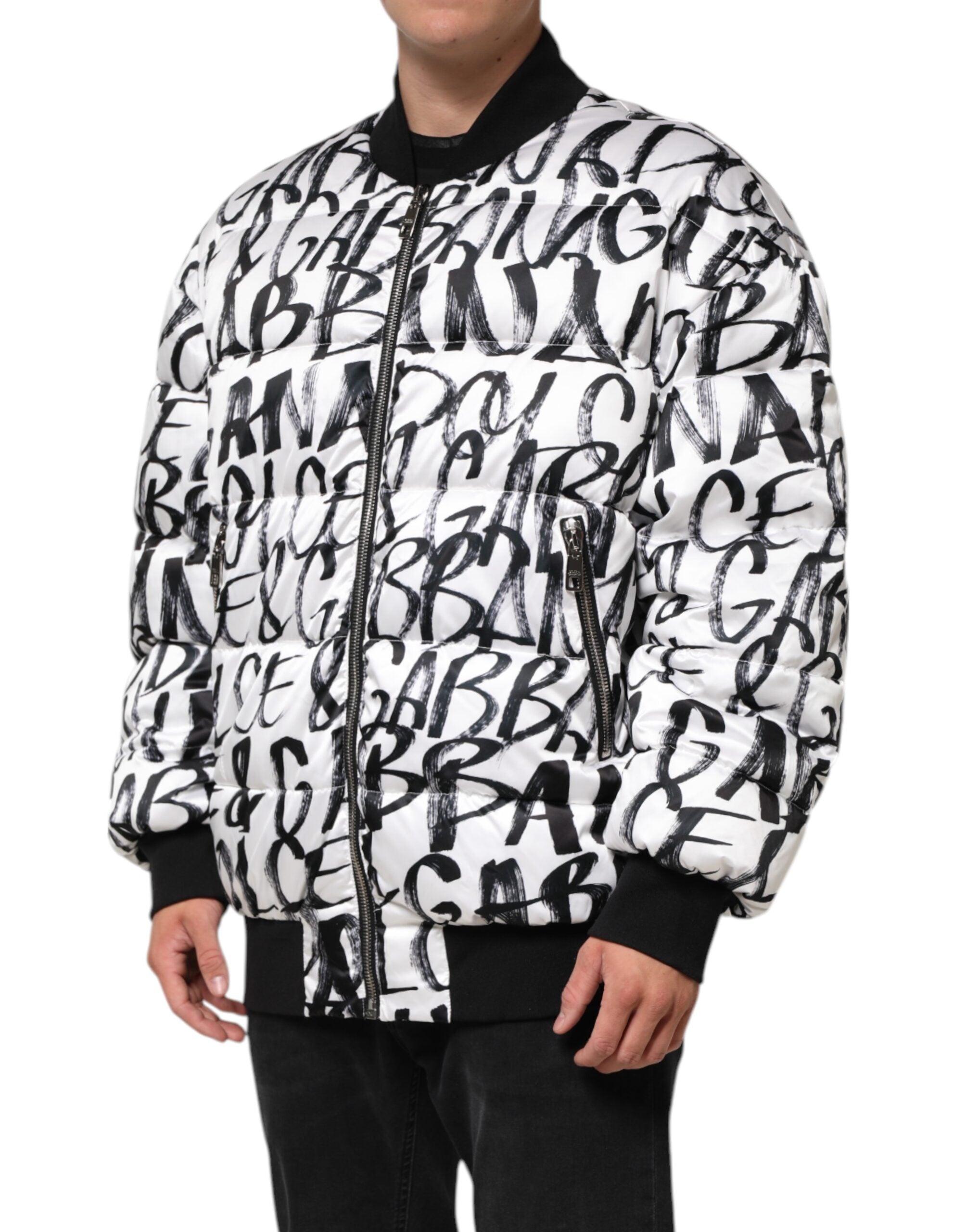 Dolce & Gabbana White Black Graffiti Logo Puffer Bomber Jacket-3