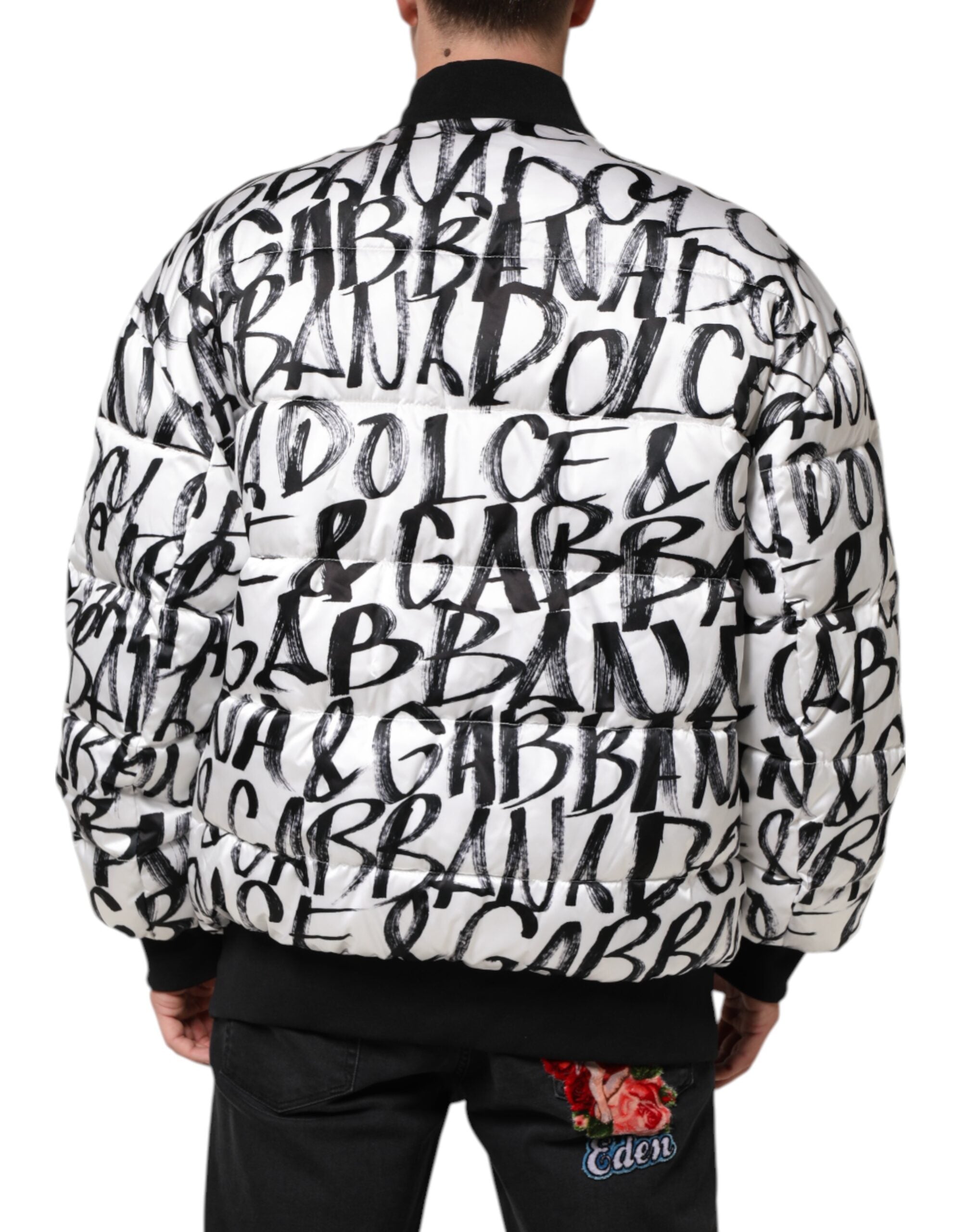 Dolce & Gabbana White Black Graffiti Logo Puffer Bomber Jacket-4