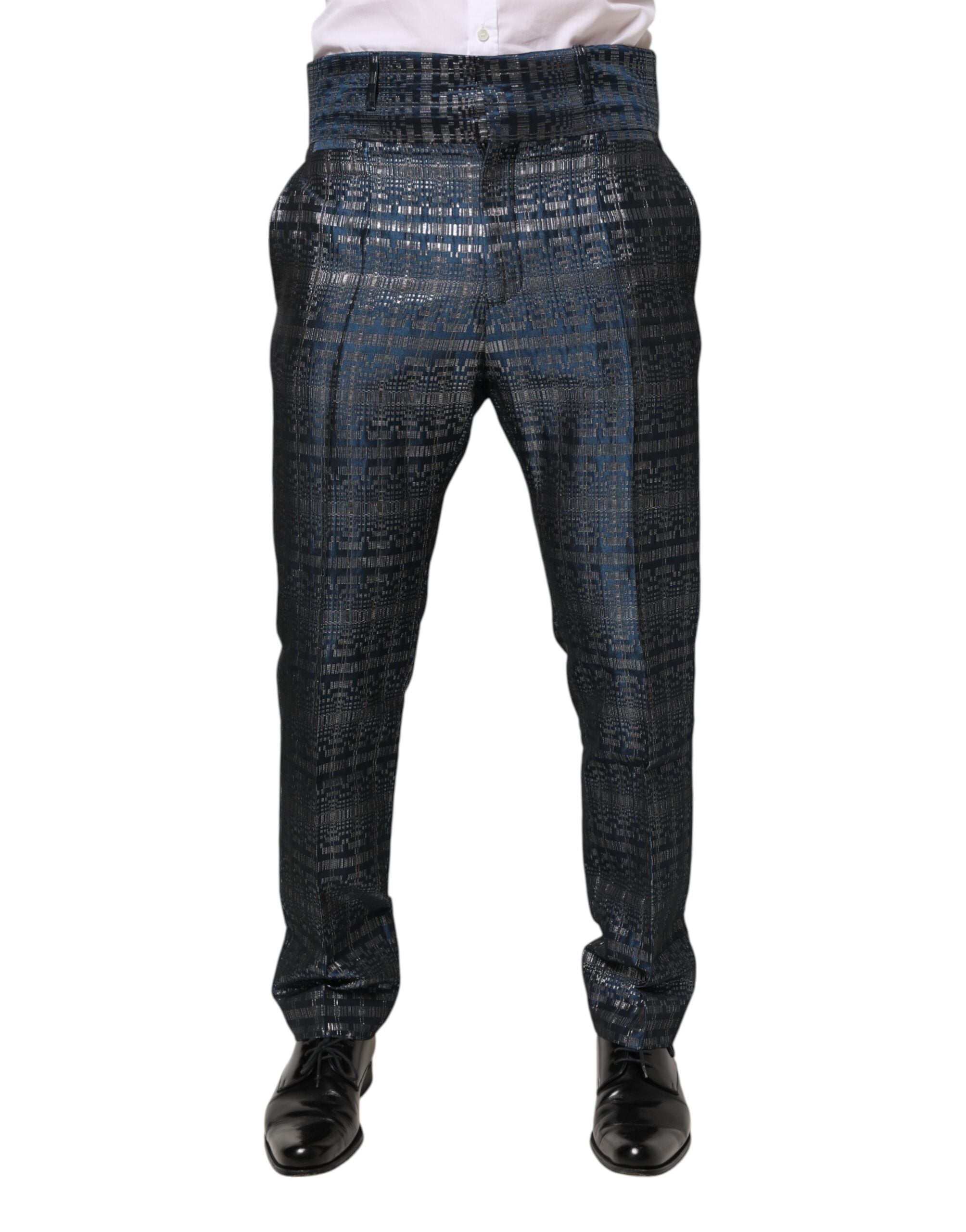 Dolce & Gabbana Blue Silver Shiny Silk Skinny Men's Trousers-1