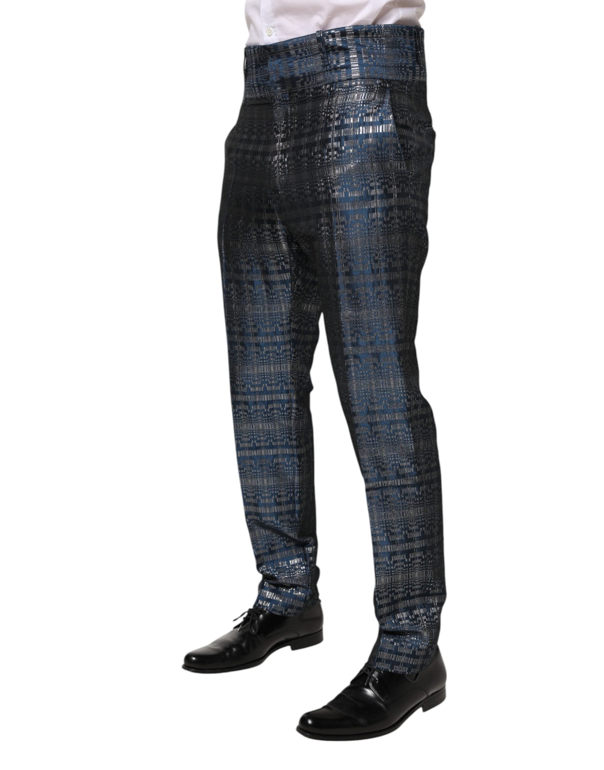 Dolce & Gabbana Blue Silver Shiny Silk Skinny Men's Trousers-3