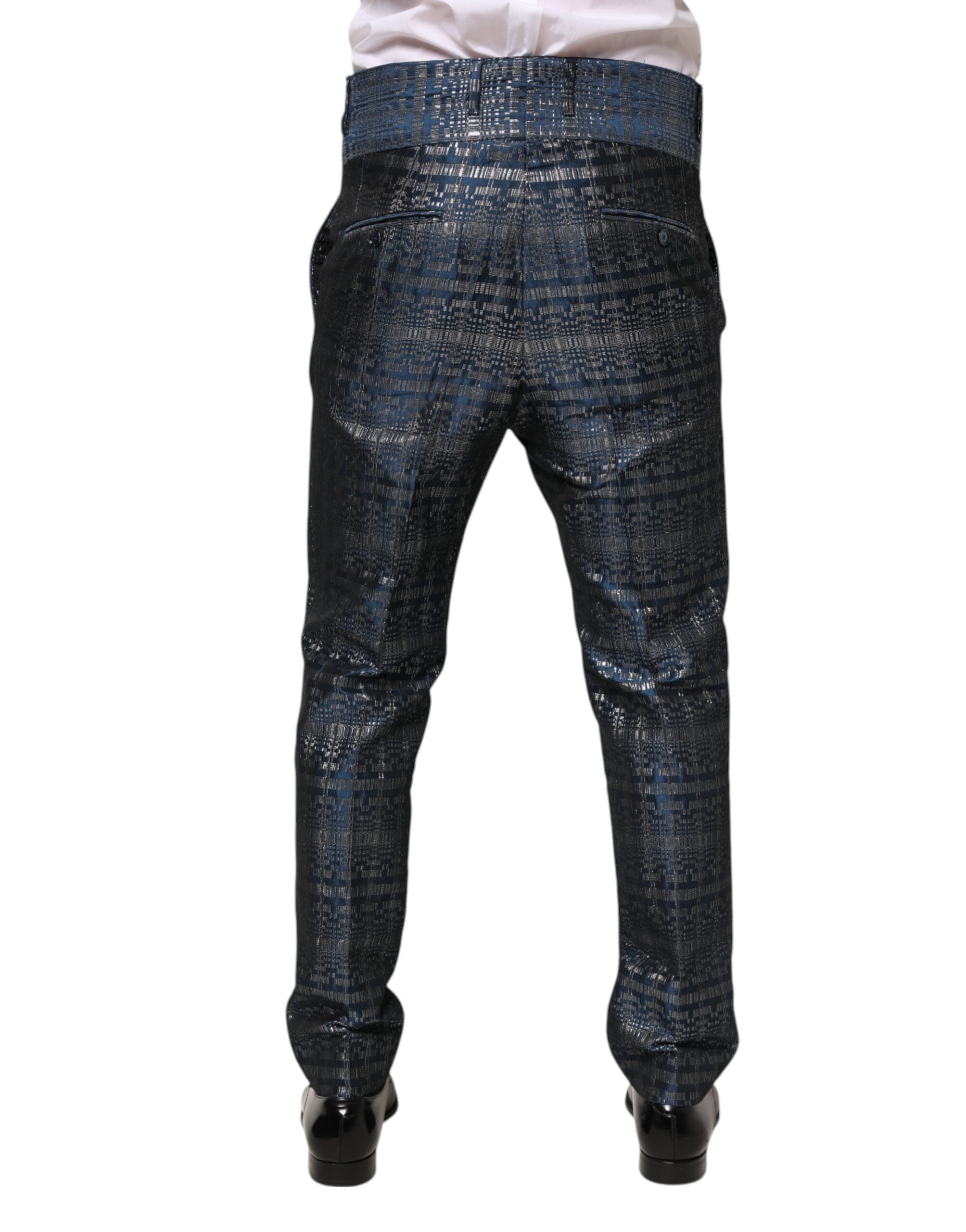 Dolce & Gabbana Blue Silver Shiny Silk Skinny Men's Trousers-4