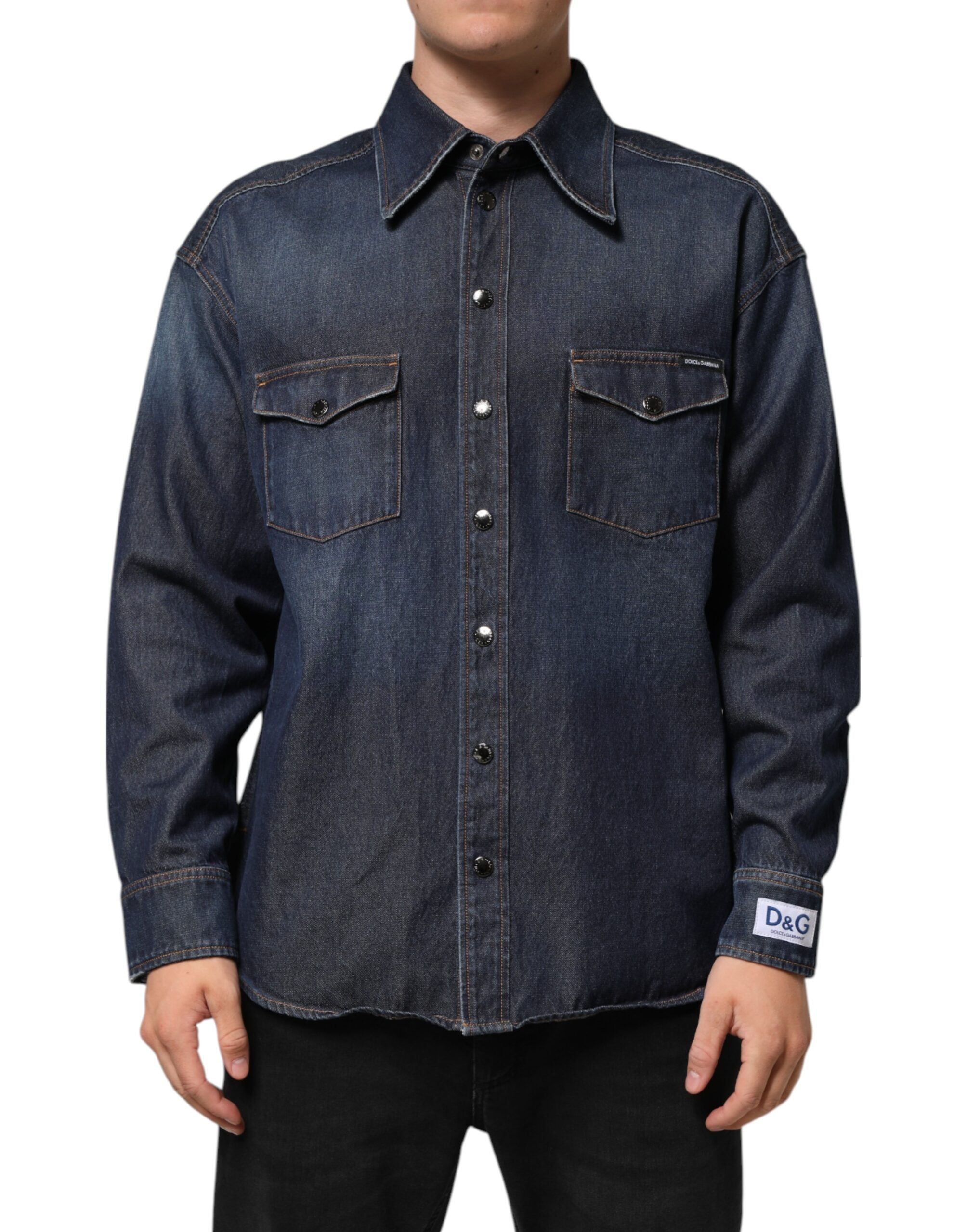 Dolce & Gabbana Blaues Denim Knopf lässig Logo Patch Männer Hemd-2