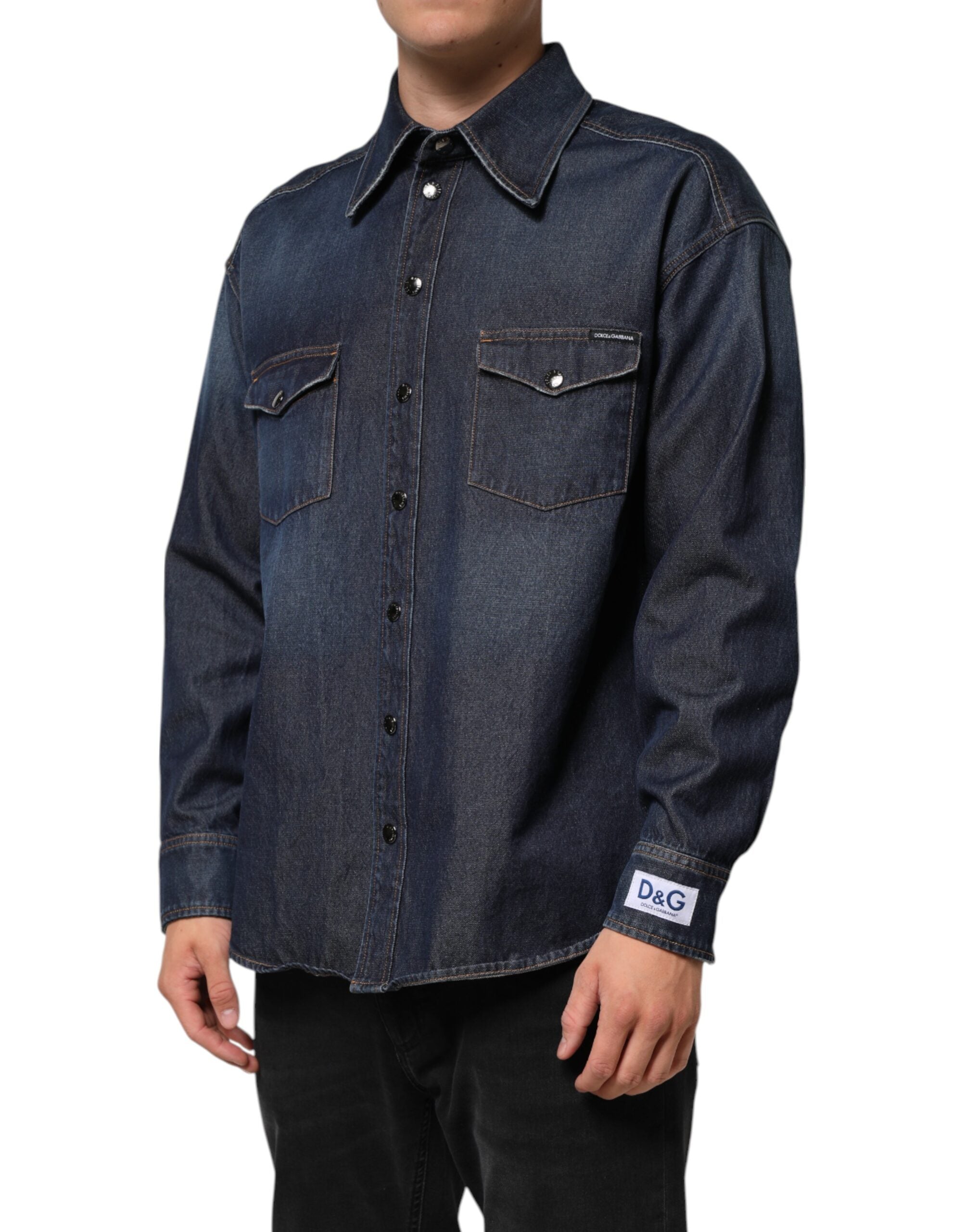 Dolce & Gabbana Blaues Denim Knopf lässig Logo Patch Männer Hemd-3