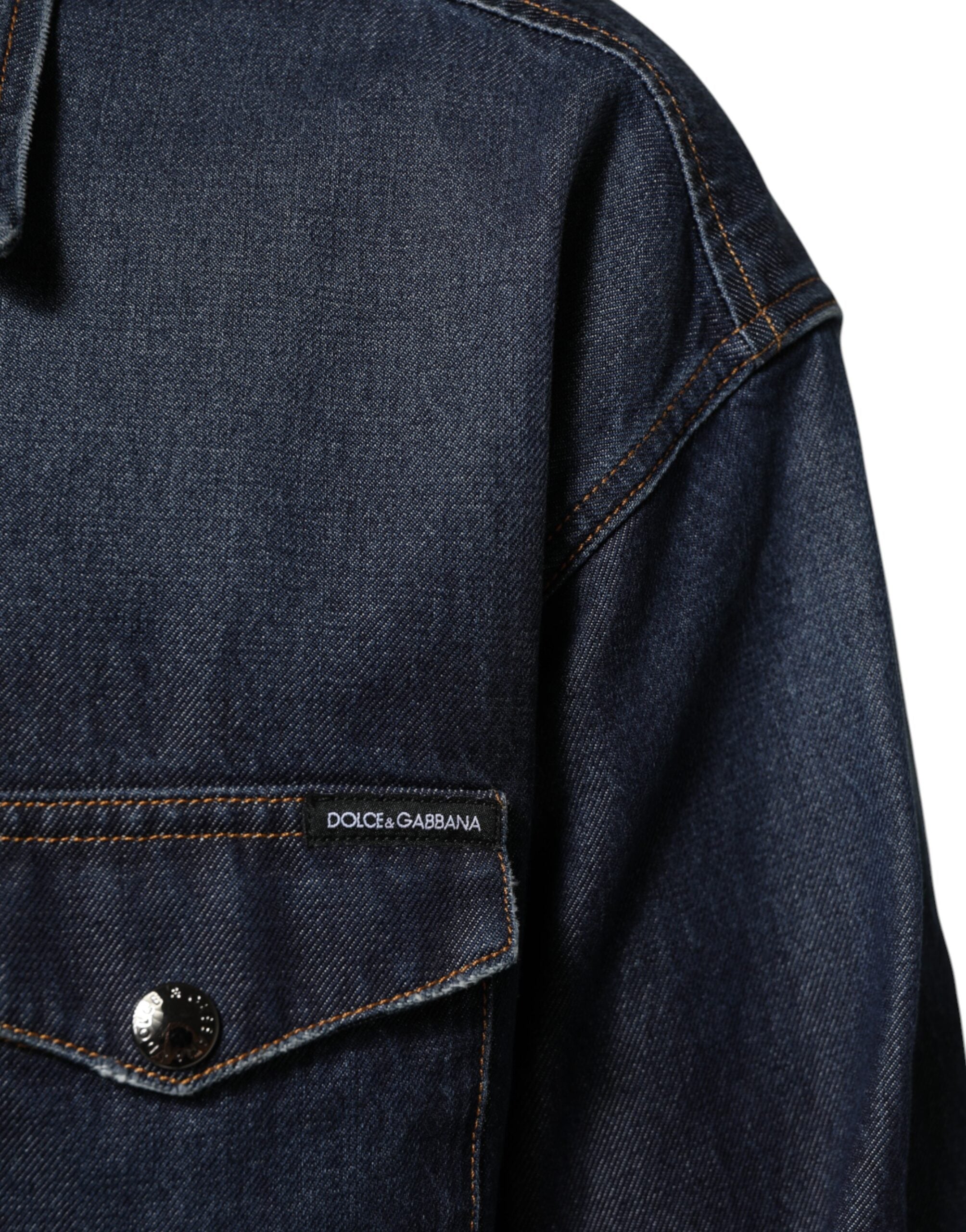Dolce & Gabbana Blaues Denim Knopf lässig Logo Patch Männer Hemd-6