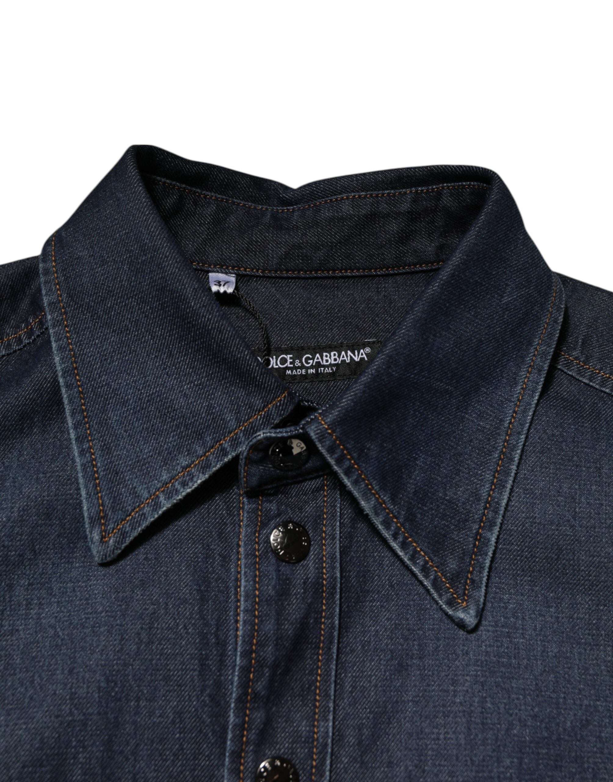 Dolce & Gabbana Blaues Denim Knopf lässig Logo Patch Männer Hemd-7