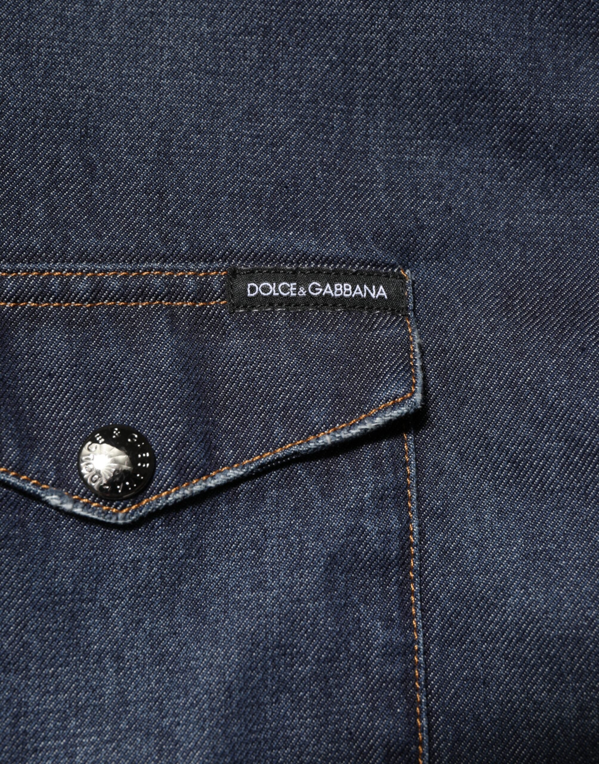 Dolce & Gabbana Blaues Denim Knopf lässig Logo Patch Männer Hemd-8