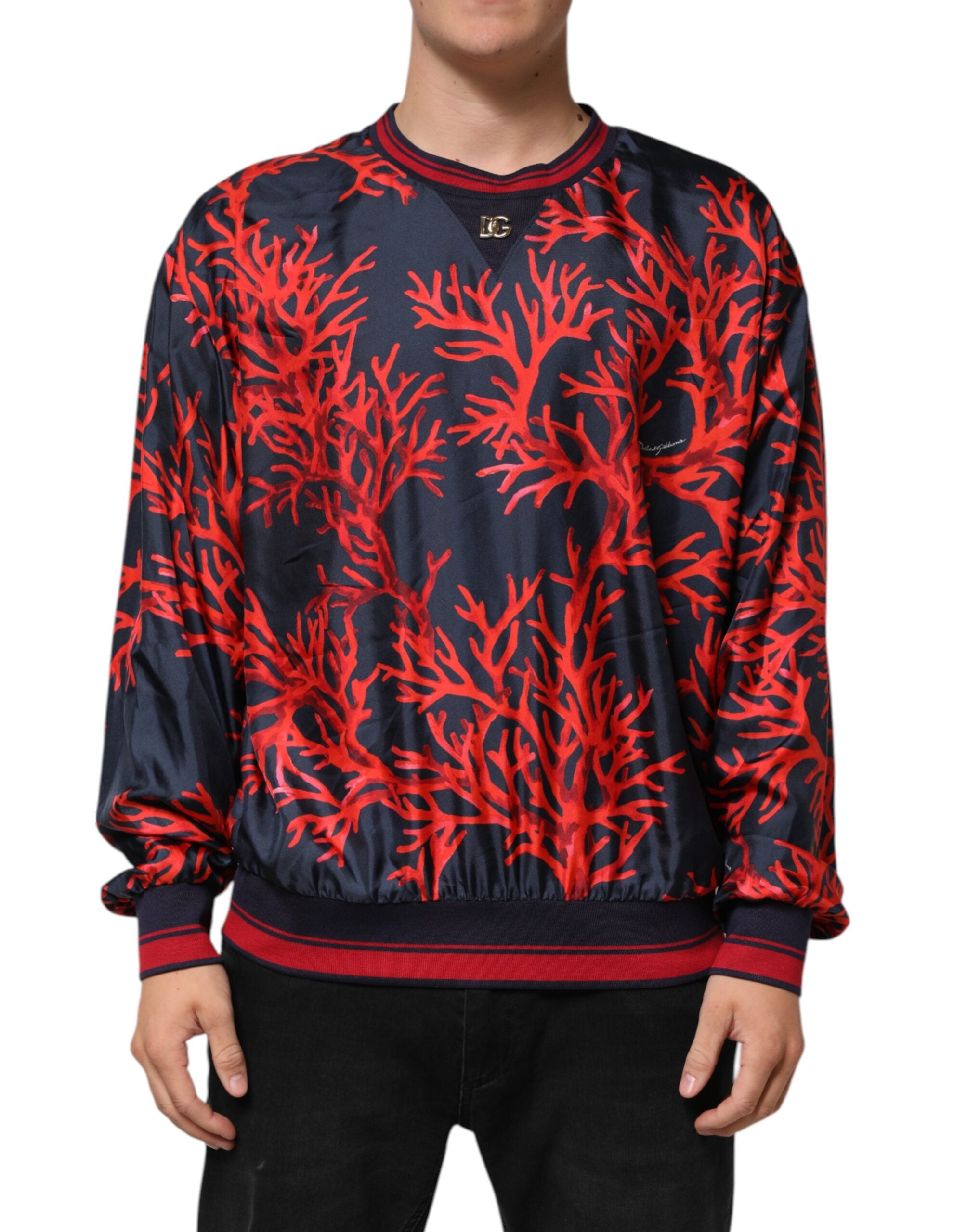 Dolce & Gabbana Marineblauer Pullover mit Korallendruck Pullover aus Seide-1