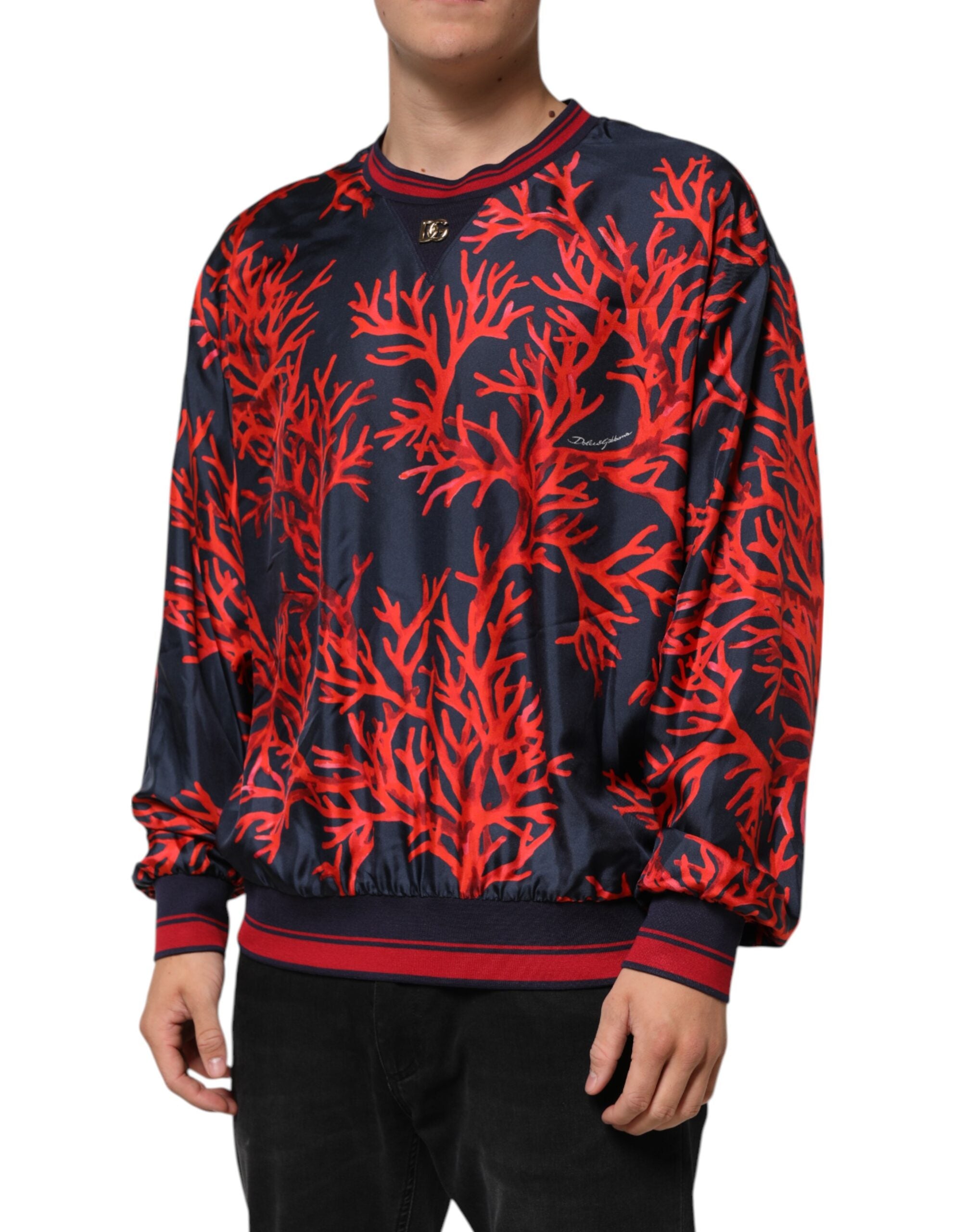Dolce & Gabbana Marineblauer Pullover mit Korallendruck Pullover aus Seide-3