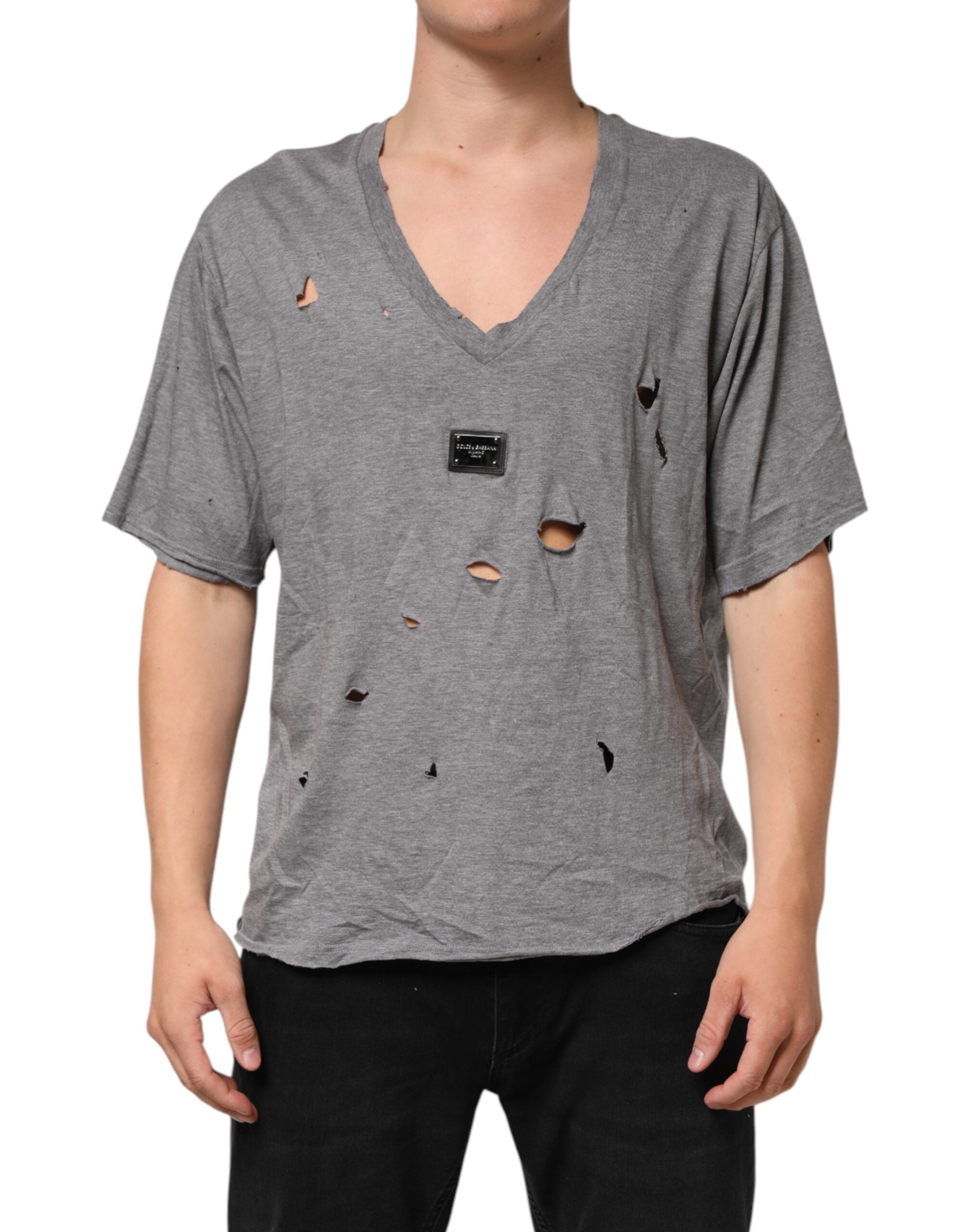 Dolce & Gabbana Graues Baumwoll-T-Shirt mit zerfetztem Logo-Aufnäher für Männer-2
