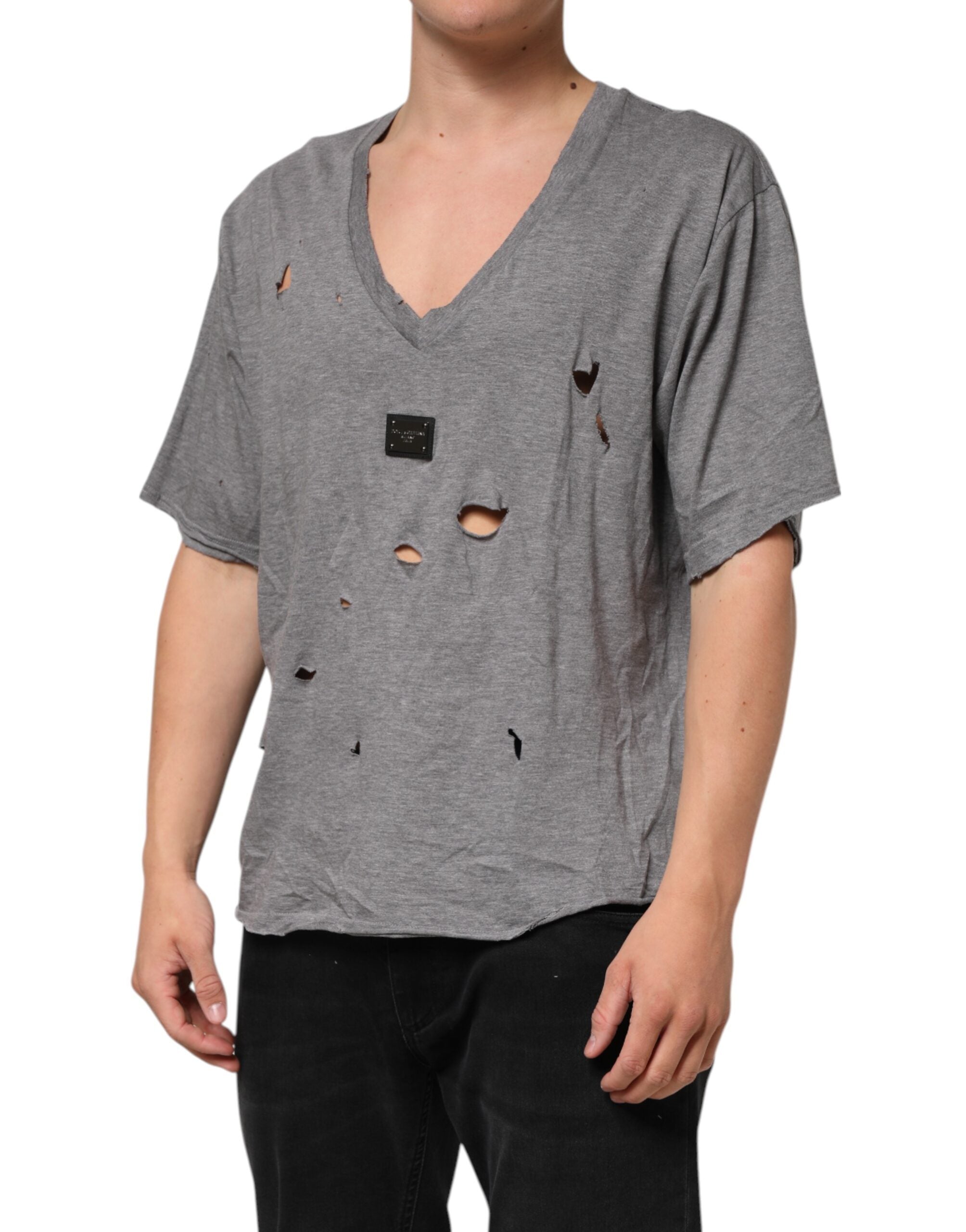 Dolce & Gabbana Graues Baumwoll-T-Shirt mit zerfetztem Logo-Aufnäher für Männer-3