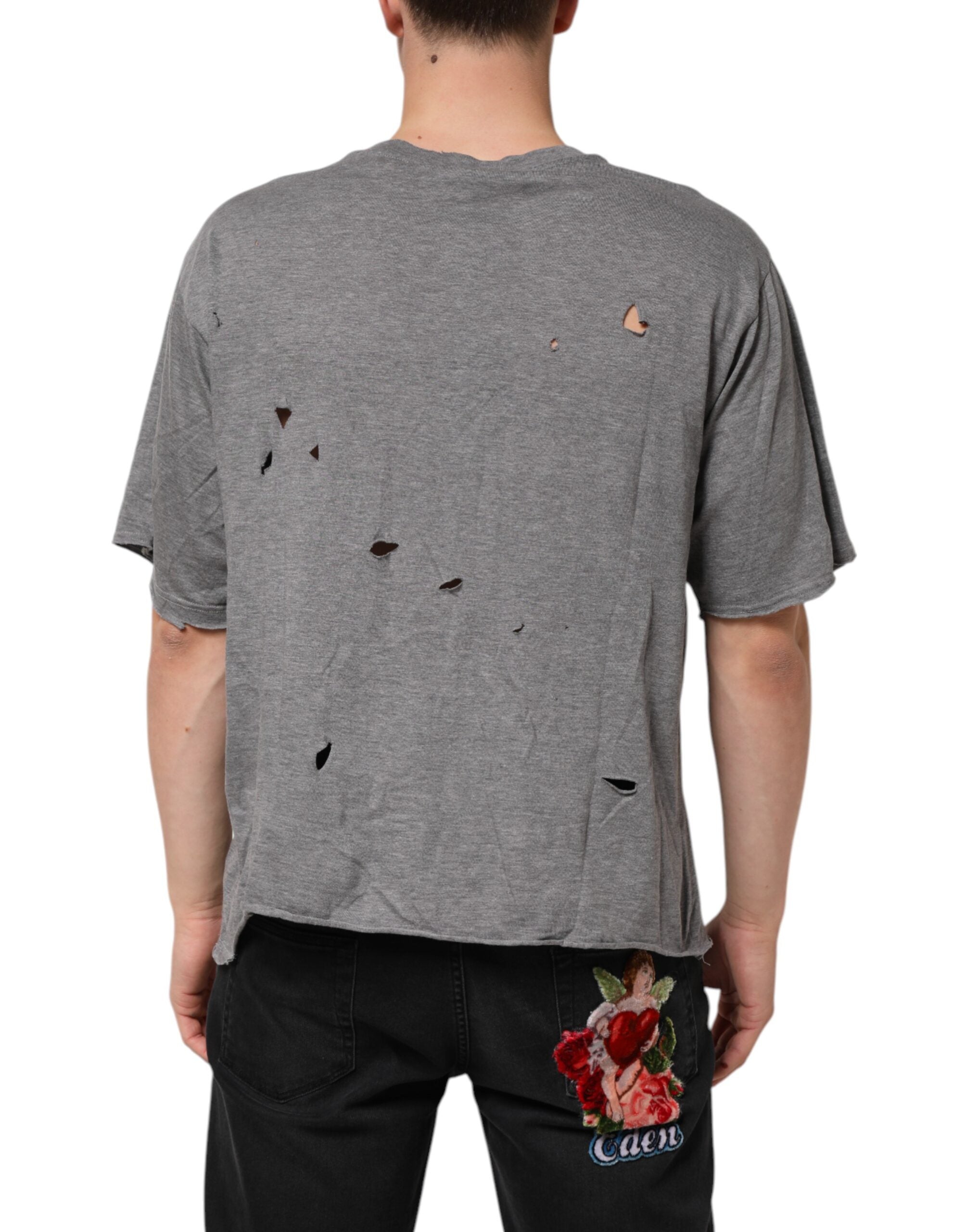 Dolce & Gabbana Graues Baumwoll-T-Shirt mit zerfetztem Logo-Aufnäher für Männer-4