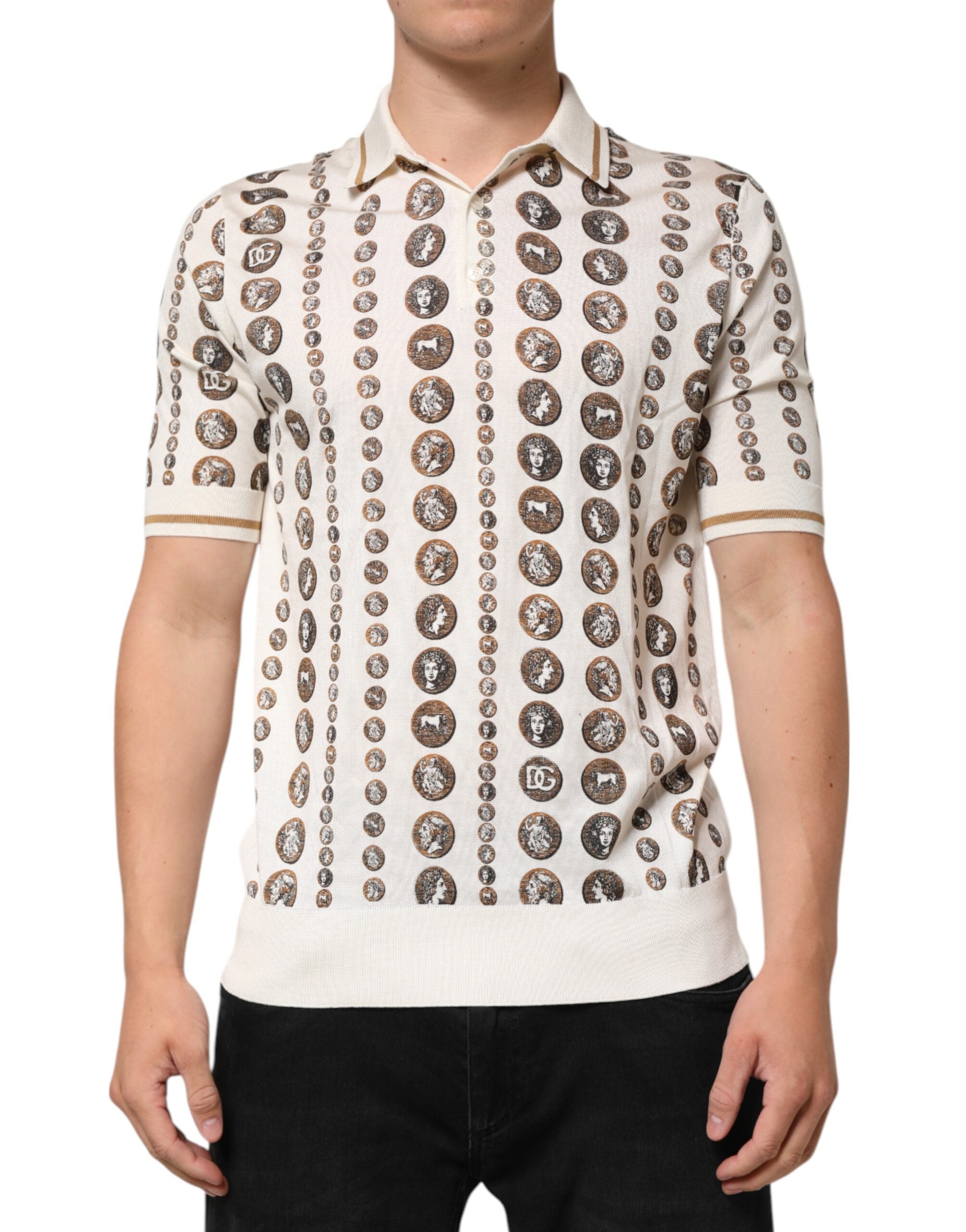 Dolce & Gabbana Ivory Silk Polo T-Shirt with Coin Print for Men-2