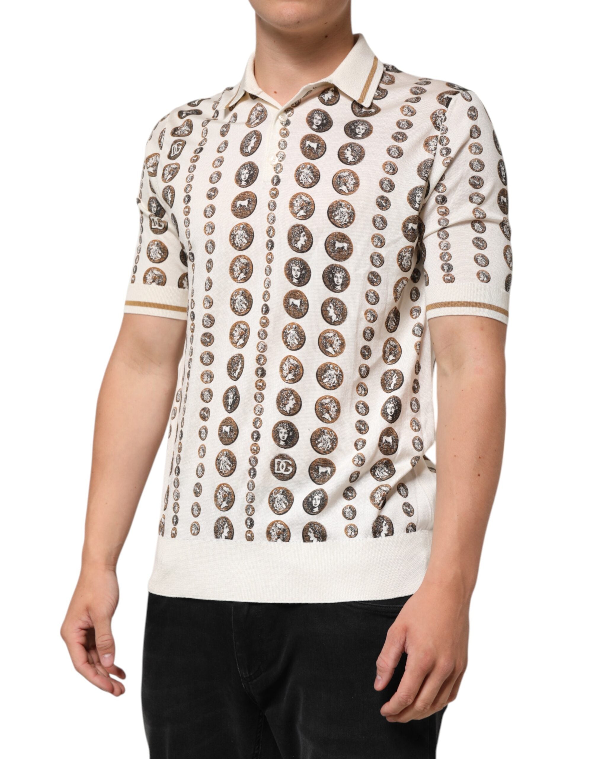 Dolce & Gabbana Ivory Silk Polo T-Shirt with Coin Print for Men-3