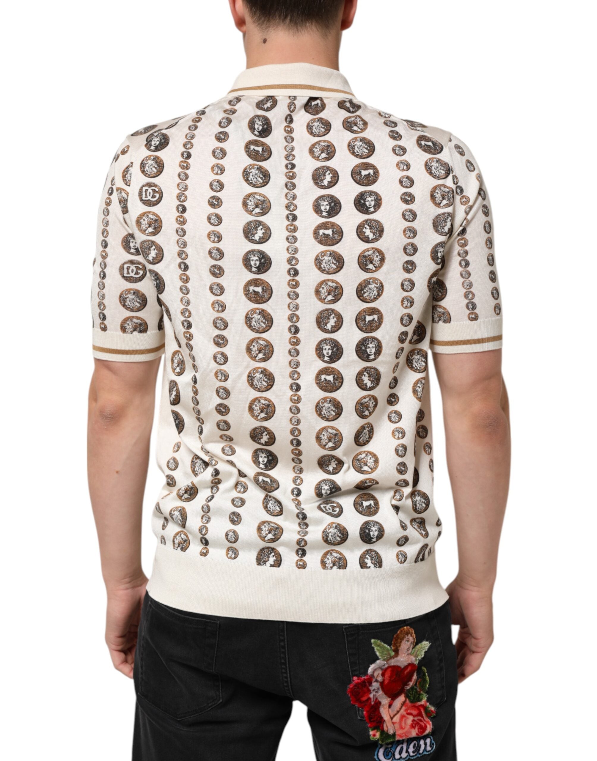 Dolce & Gabbana Ivory Silk Polo T-Shirt with Coin Print for Men-4