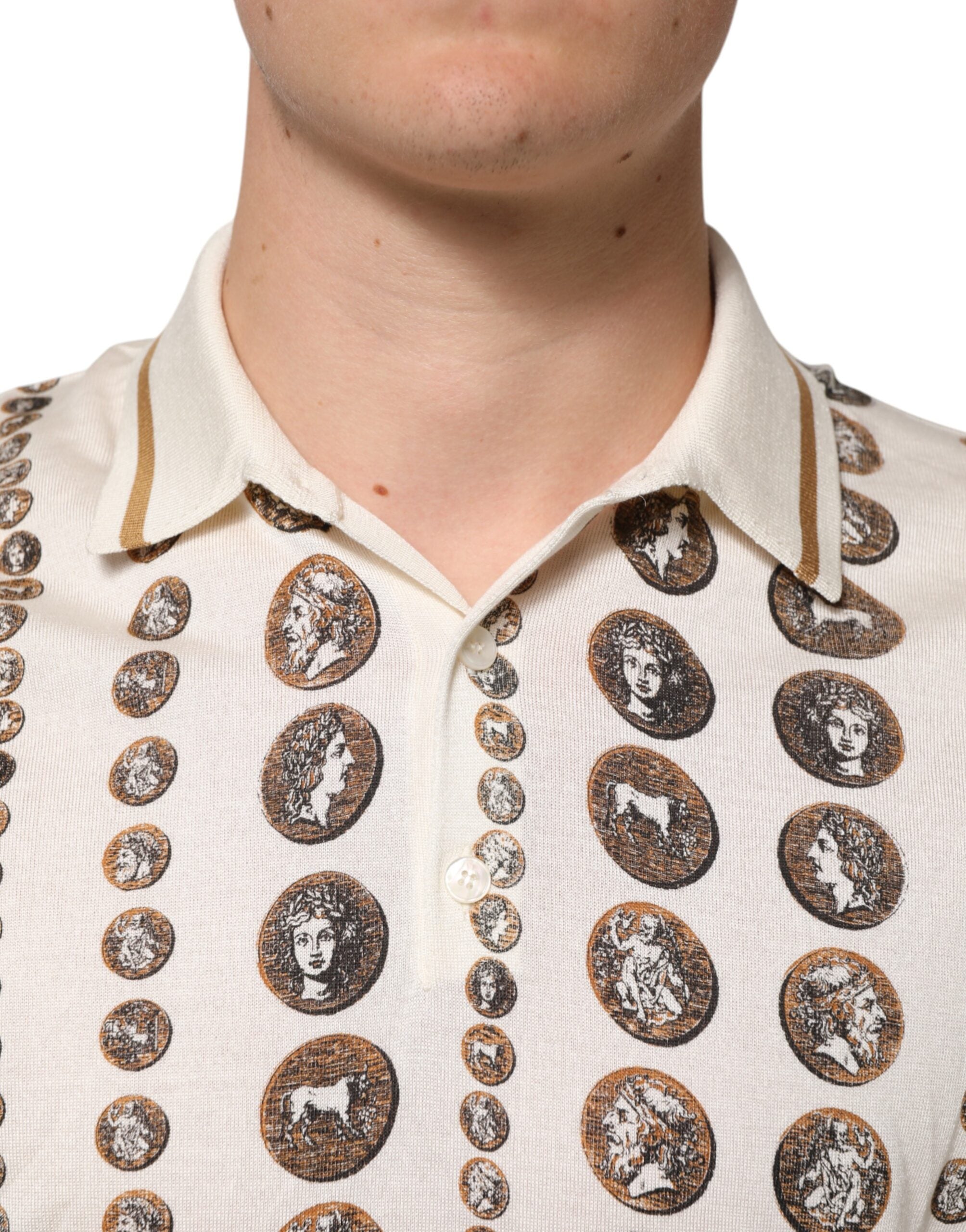 Dolce & Gabbana Ivory Silk Polo T-Shirt with Coin Print for Men-5
