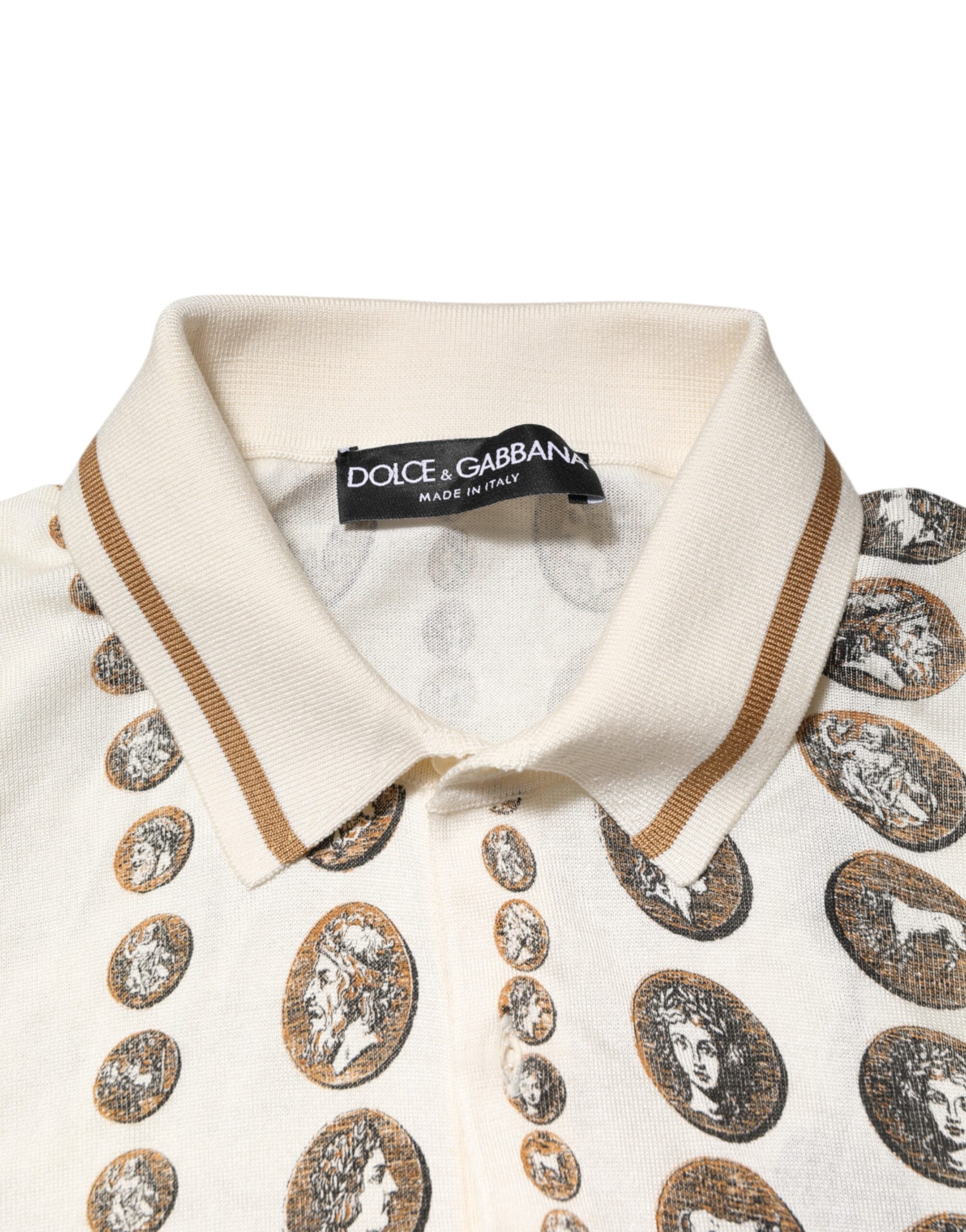 Dolce & Gabbana Ivory Silk Polo T-Shirt with Coin Print for Men-7