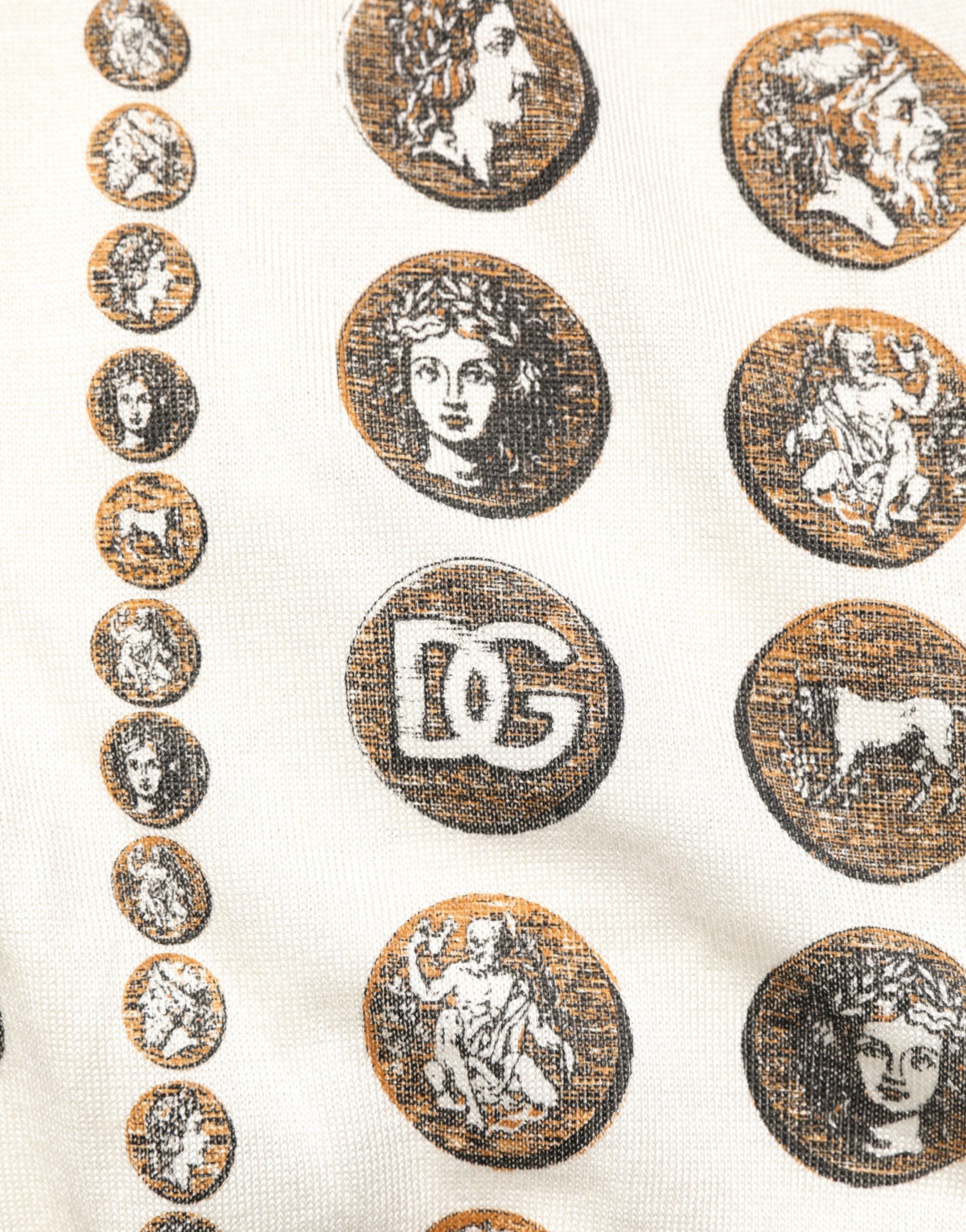 Dolce & Gabbana Ivory Silk Polo T-Shirt with Coin Print for Men-8