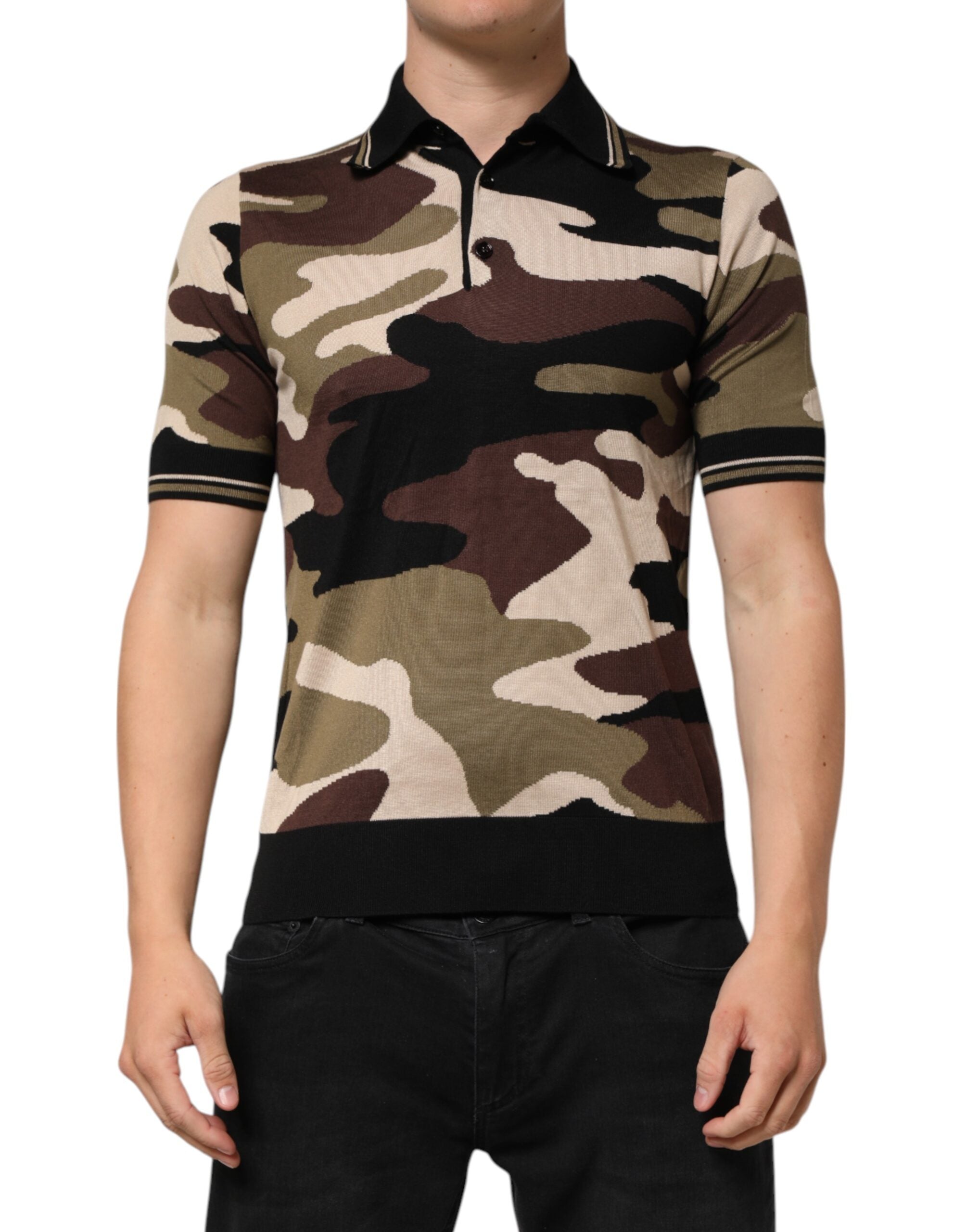 Polo militar de seda marrón con estampado de camuflaje de Dolce & Gabbana-2