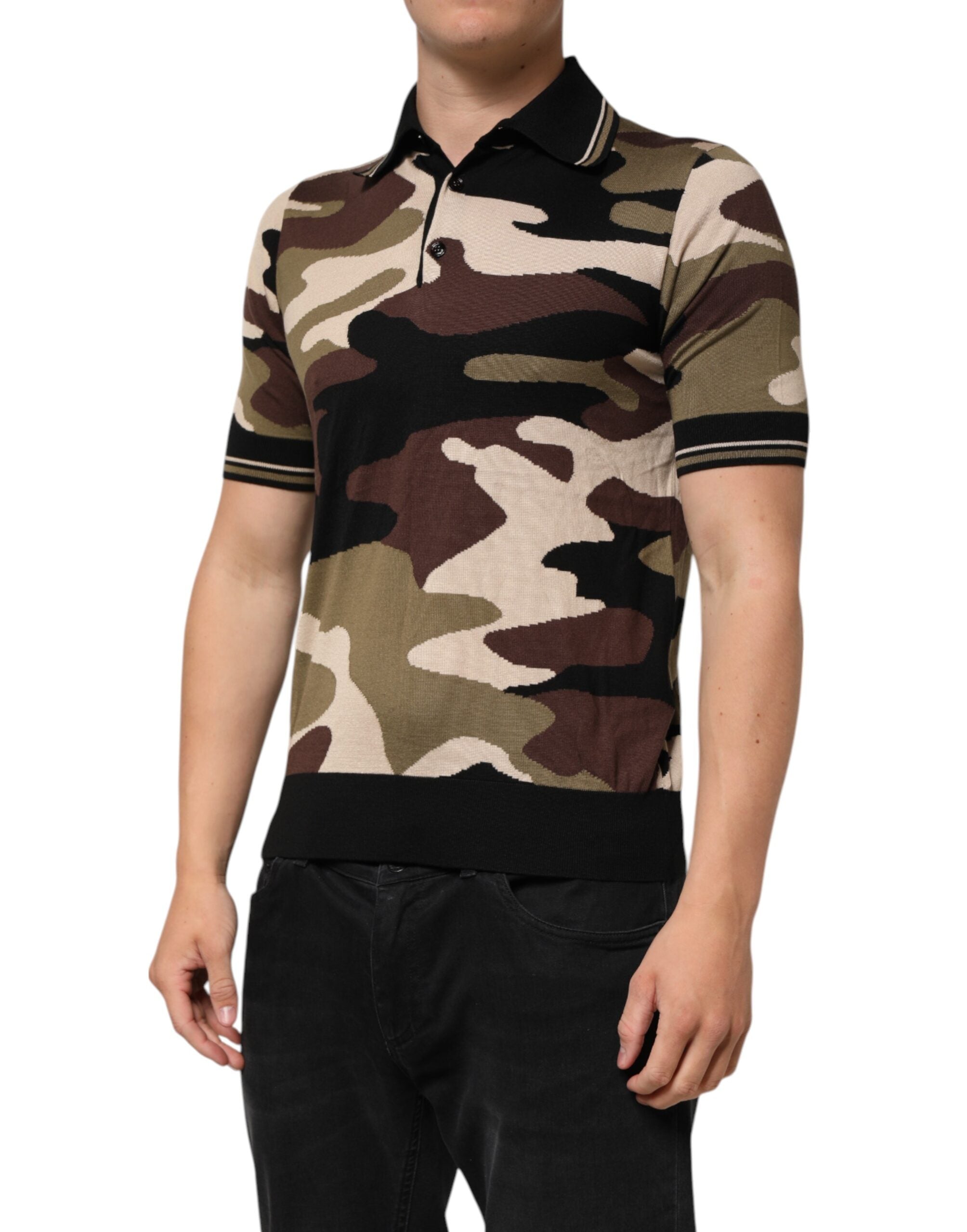 Polo militar de seda marrón con estampado de camuflaje de Dolce & Gabbana-3