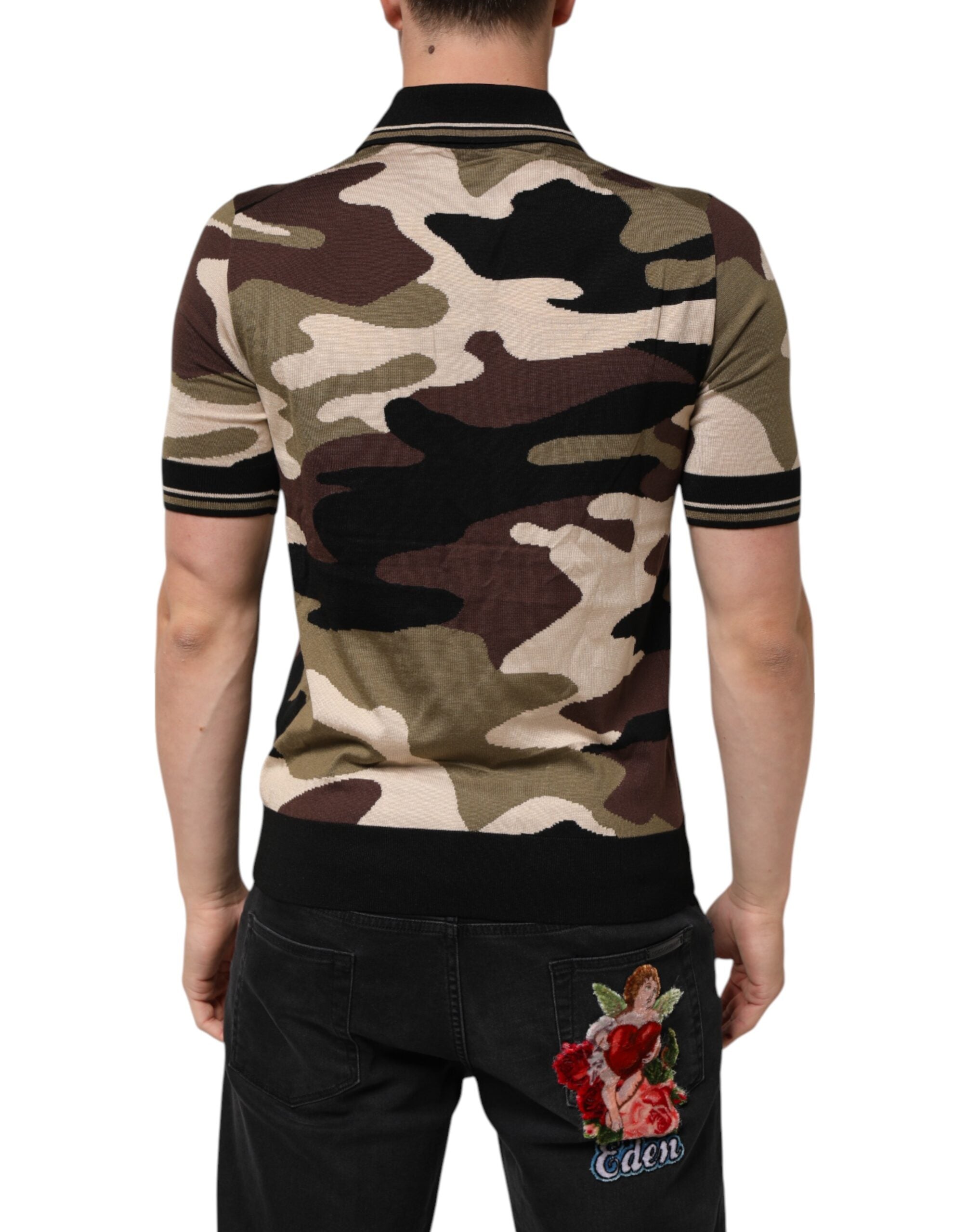 Polo militar de seda marrón con estampado de camuflaje de Dolce & Gabbana-4