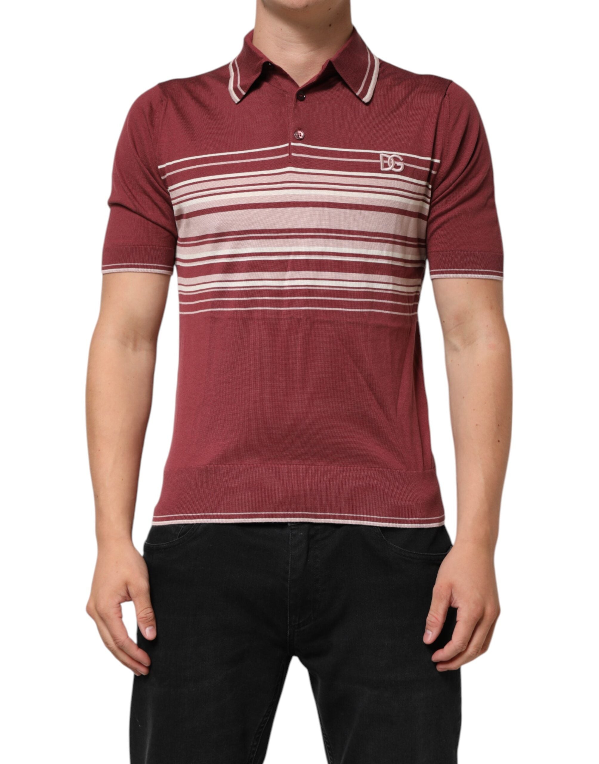 Dolce & Gabbana Striped DG Logo Polo T-Shirt in Burgundy Cotton-2