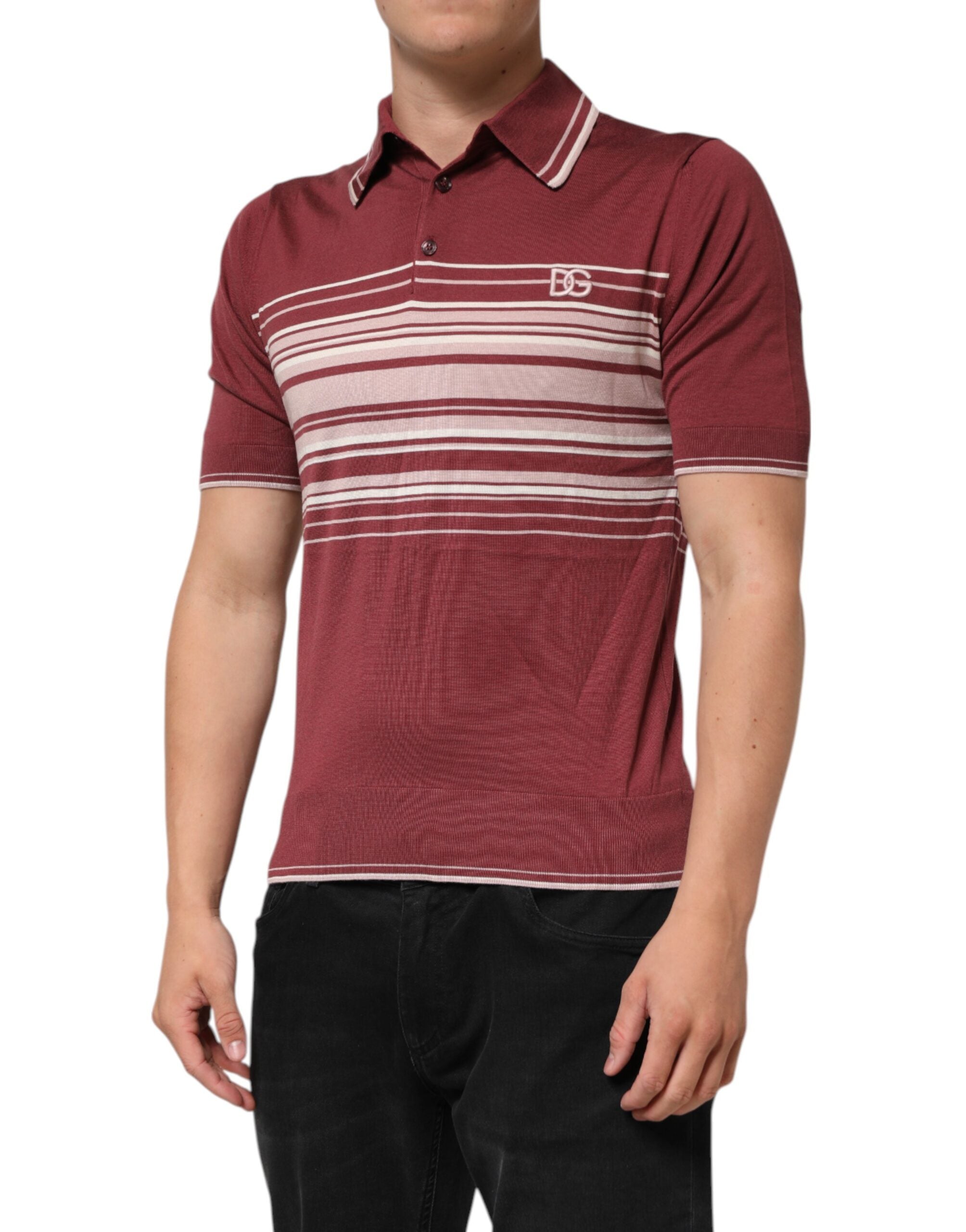 Dolce & Gabbana Striped DG Logo Polo T-Shirt in Burgundy Cotton-3