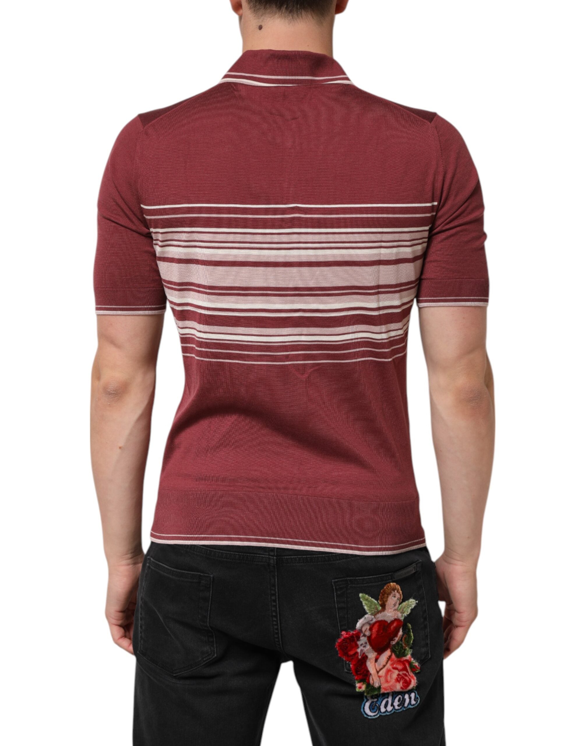 Dolce & Gabbana Striped DG Logo Polo T-Shirt in Burgundy Cotton-4