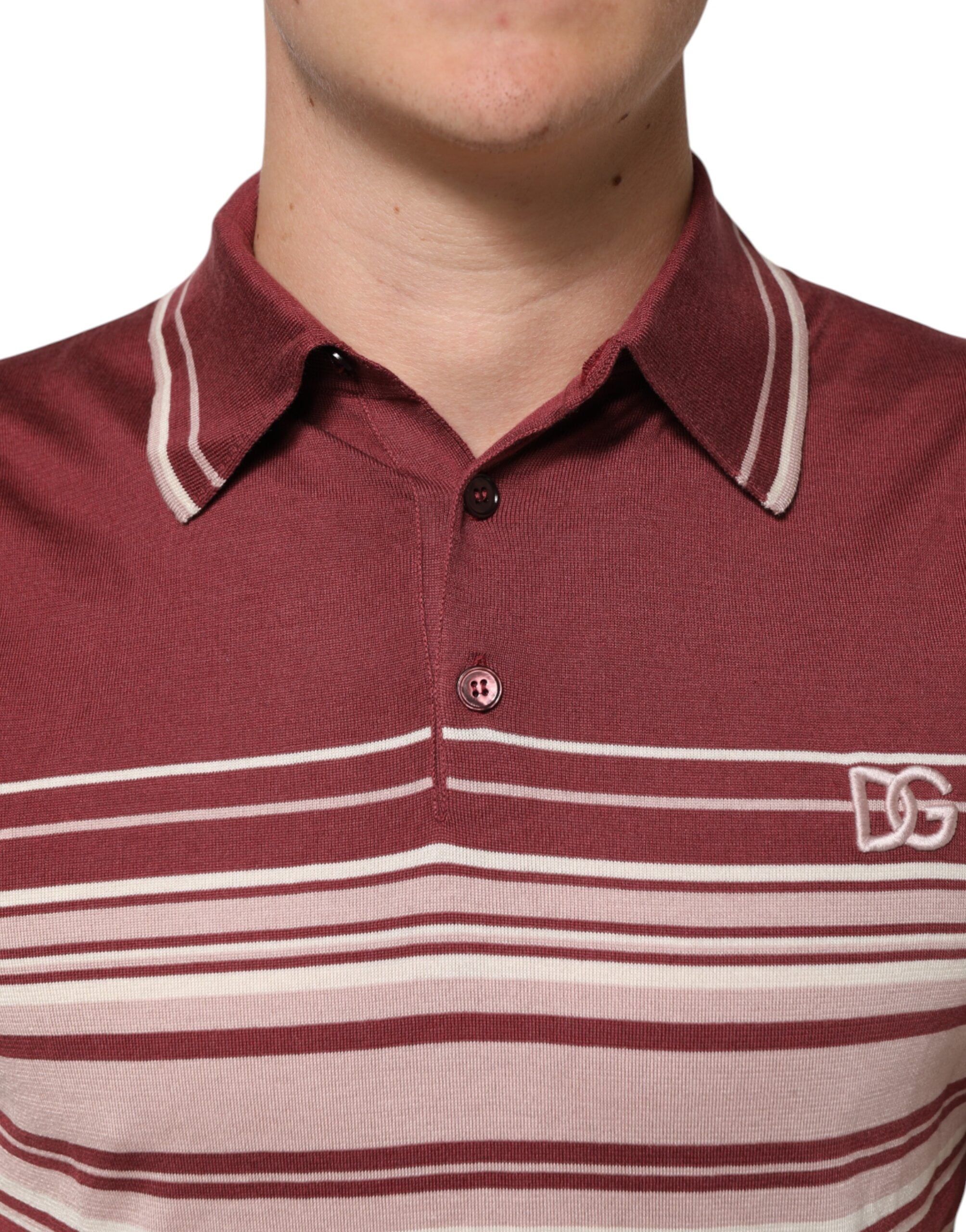 Dolce & Gabbana Striped DG Logo Polo T-Shirt in Burgundy Cotton-5