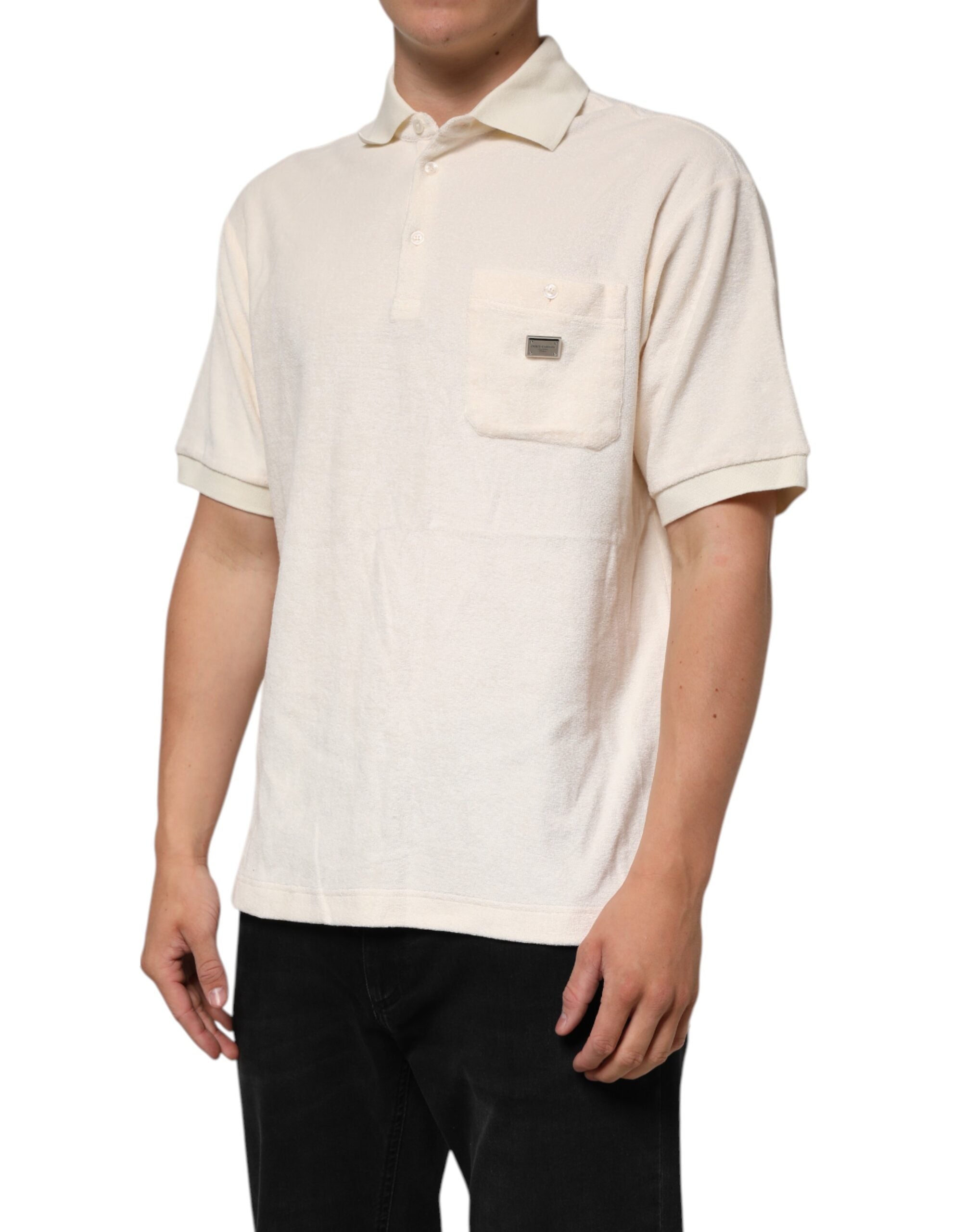 Dolce & Gabbana Elfenbeinfarbenes Logo-Polo-T-Shirt aus Baumwollfrottee-3