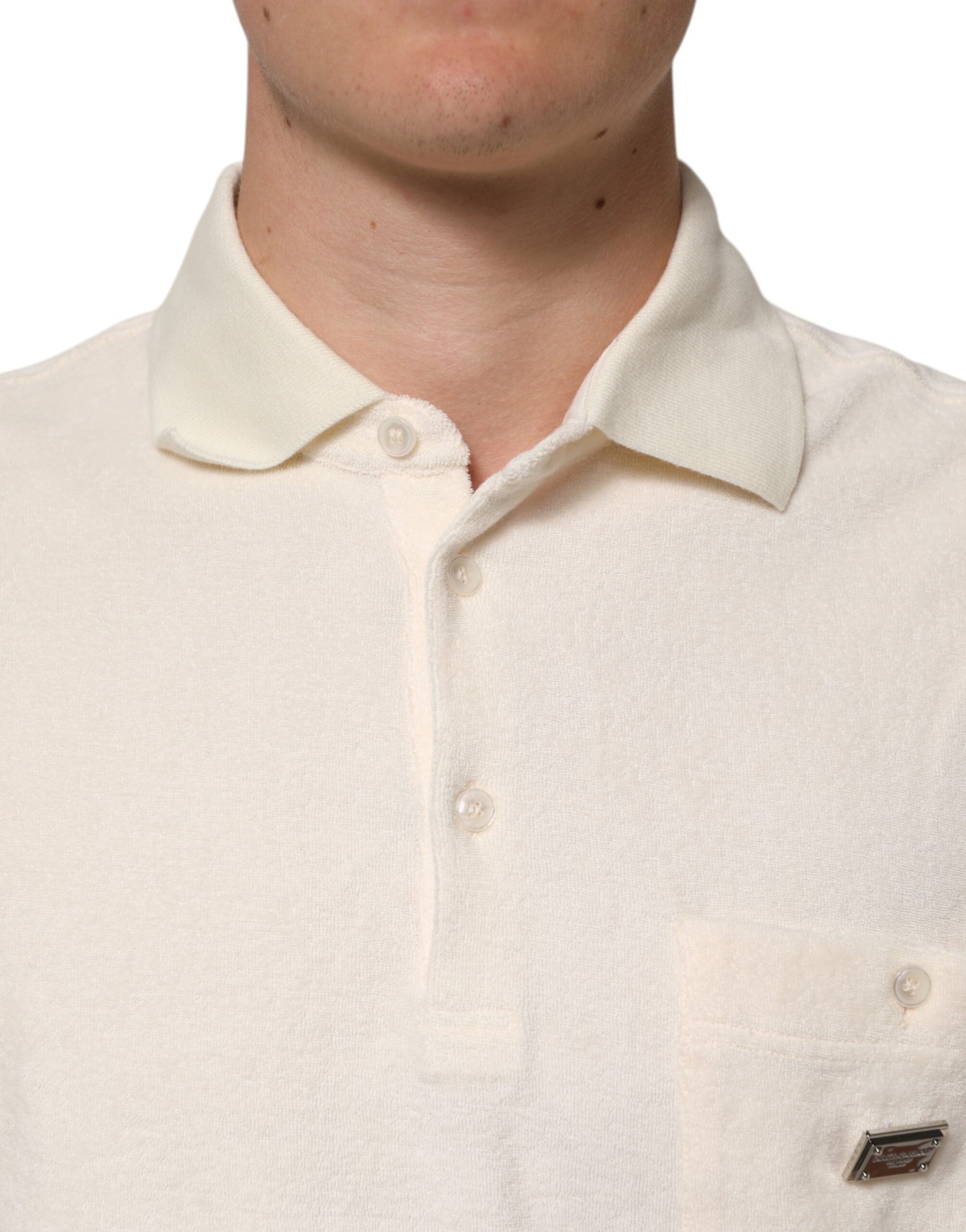 Dolce & Gabbana Elfenbeinfarbenes Logo-Polo-T-Shirt aus Baumwollfrottee-5
