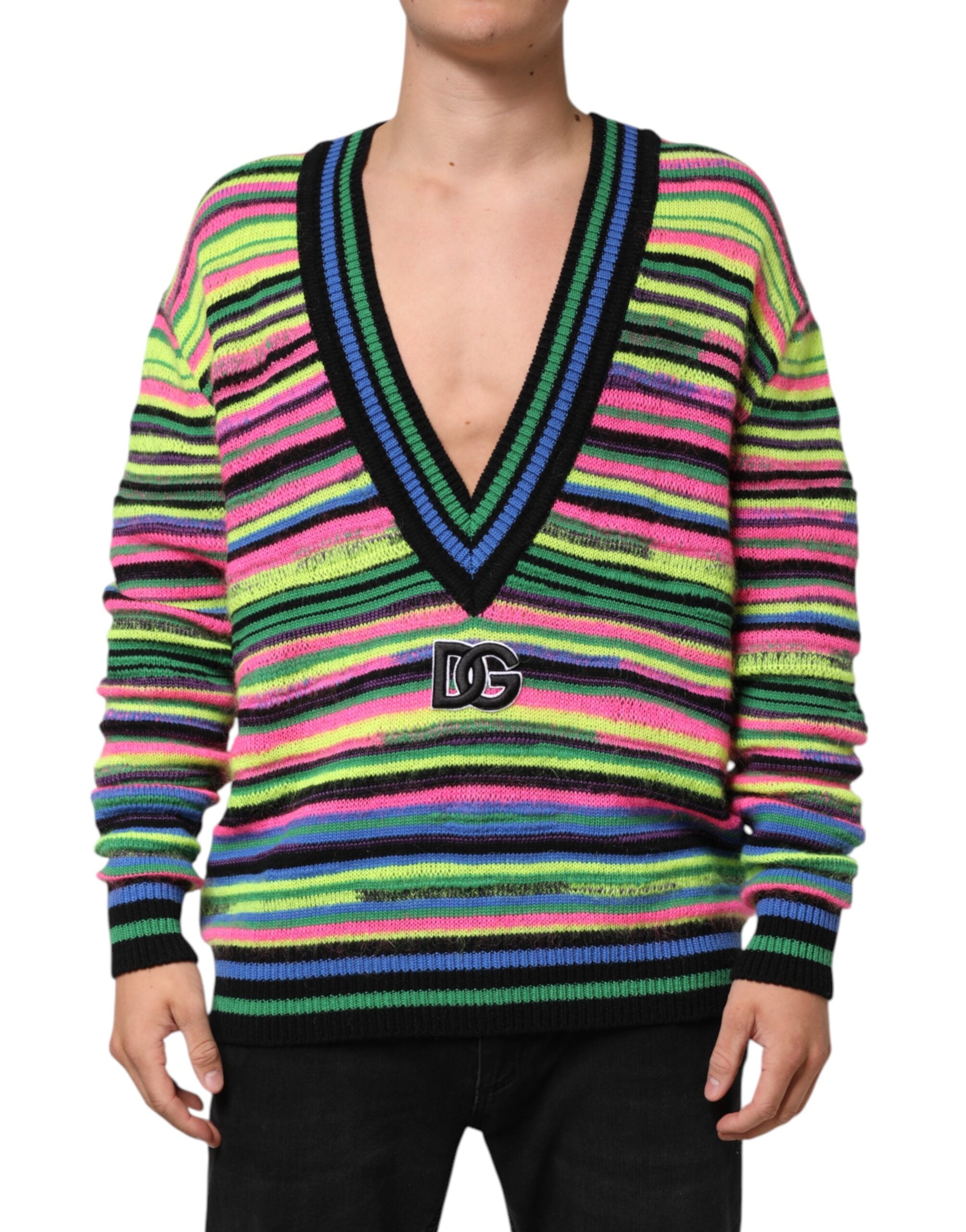 Dolce & Gabbana Multicolor DG Logo V-Ausschnitt Strickpullover-2