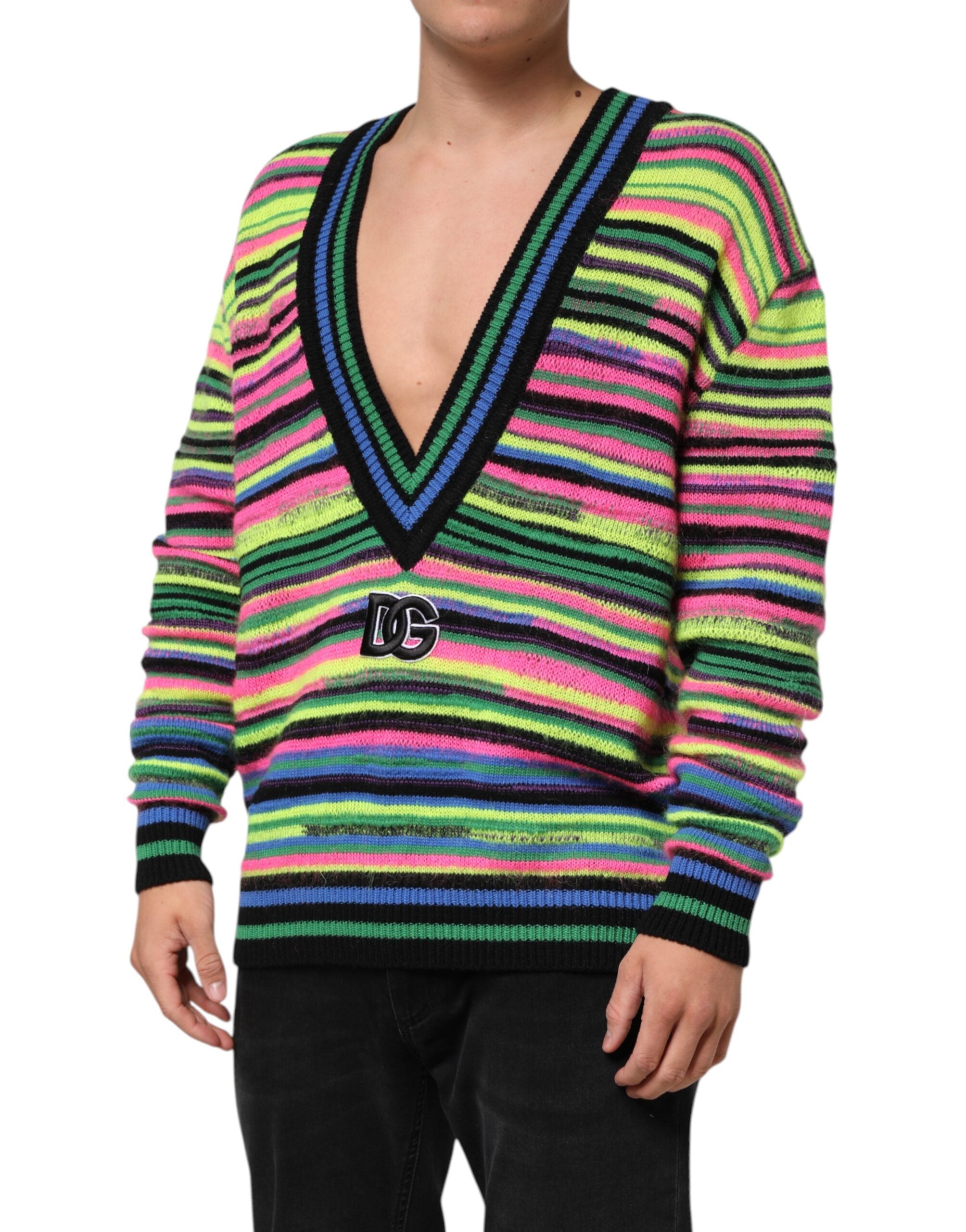 Dolce & Gabbana Multicolor DG Logo V-Ausschnitt Strickpullover-3