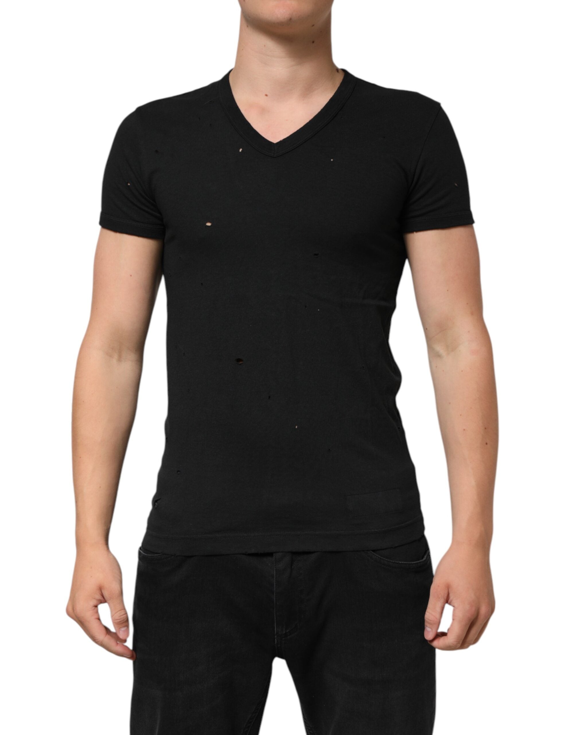 Dolce & Gabbana Black V-neck cotton t-shirt with a distressed logo for men-2