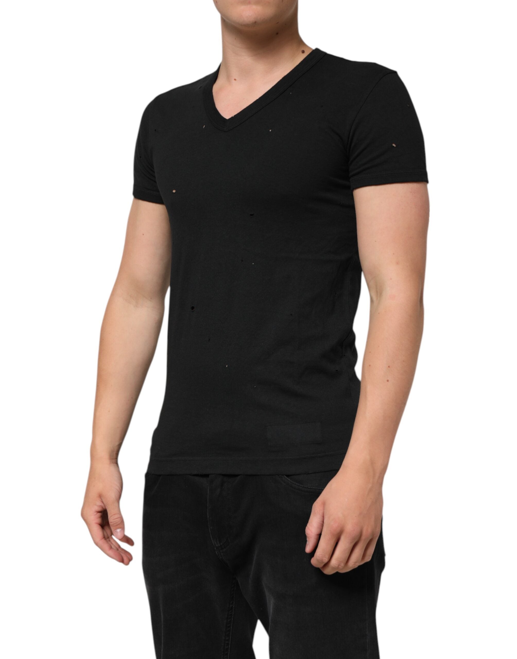 Dolce & Gabbana Black V-neck cotton t-shirt with a distressed logo for men-3