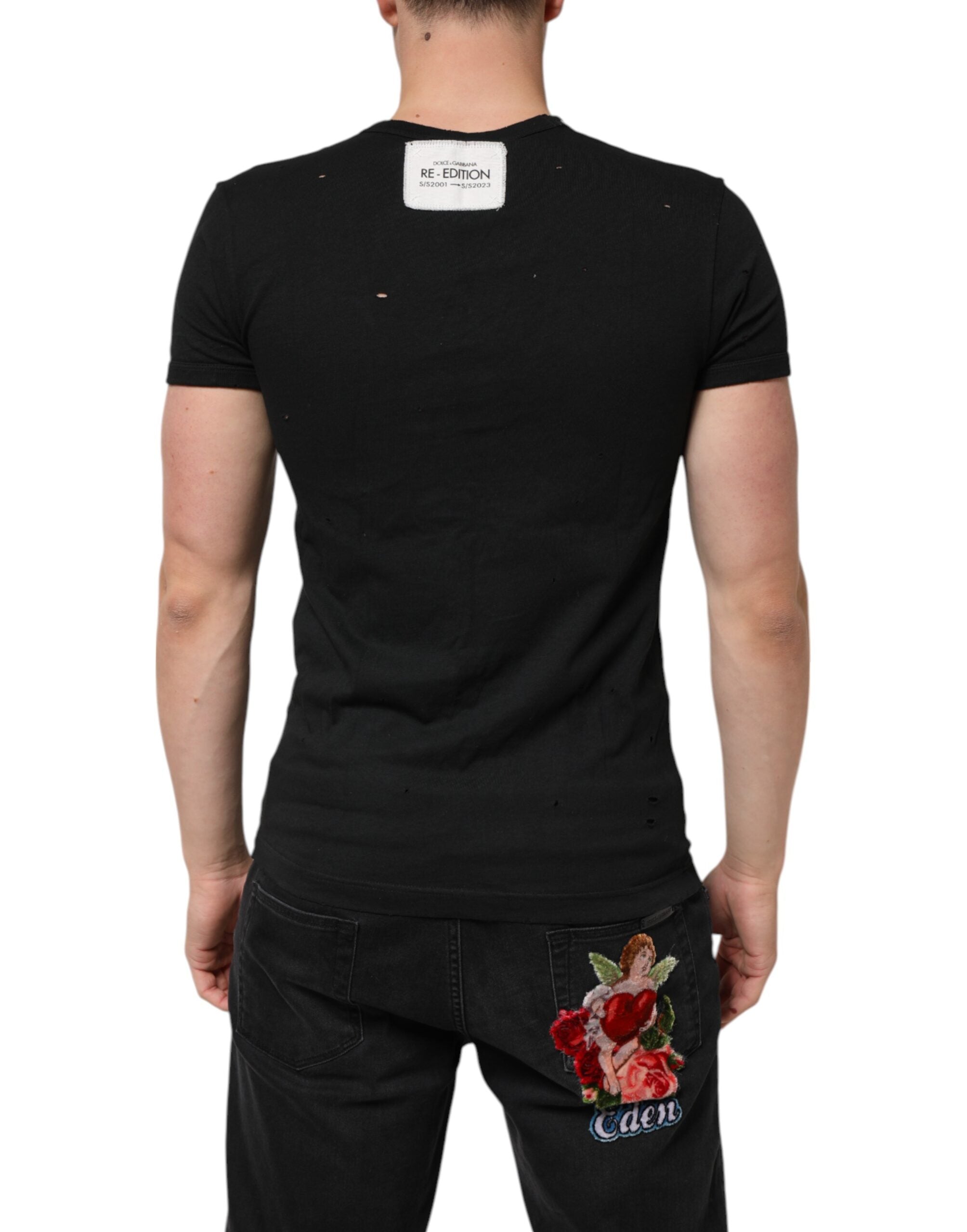 Dolce & Gabbana Black V-neck cotton t-shirt with a distressed logo for men-4