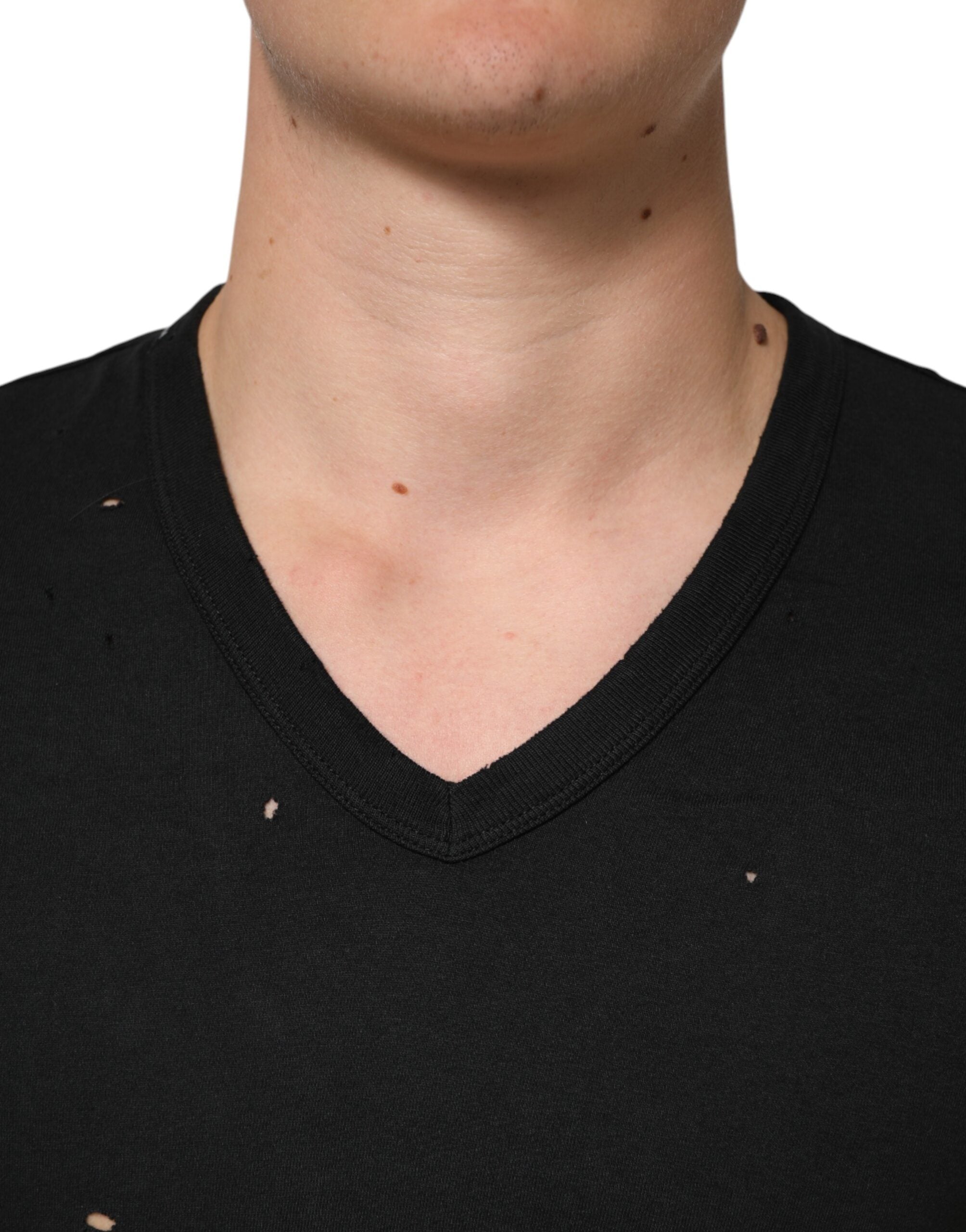 Dolce & Gabbana Black V-neck cotton t-shirt with a distressed logo for men-5