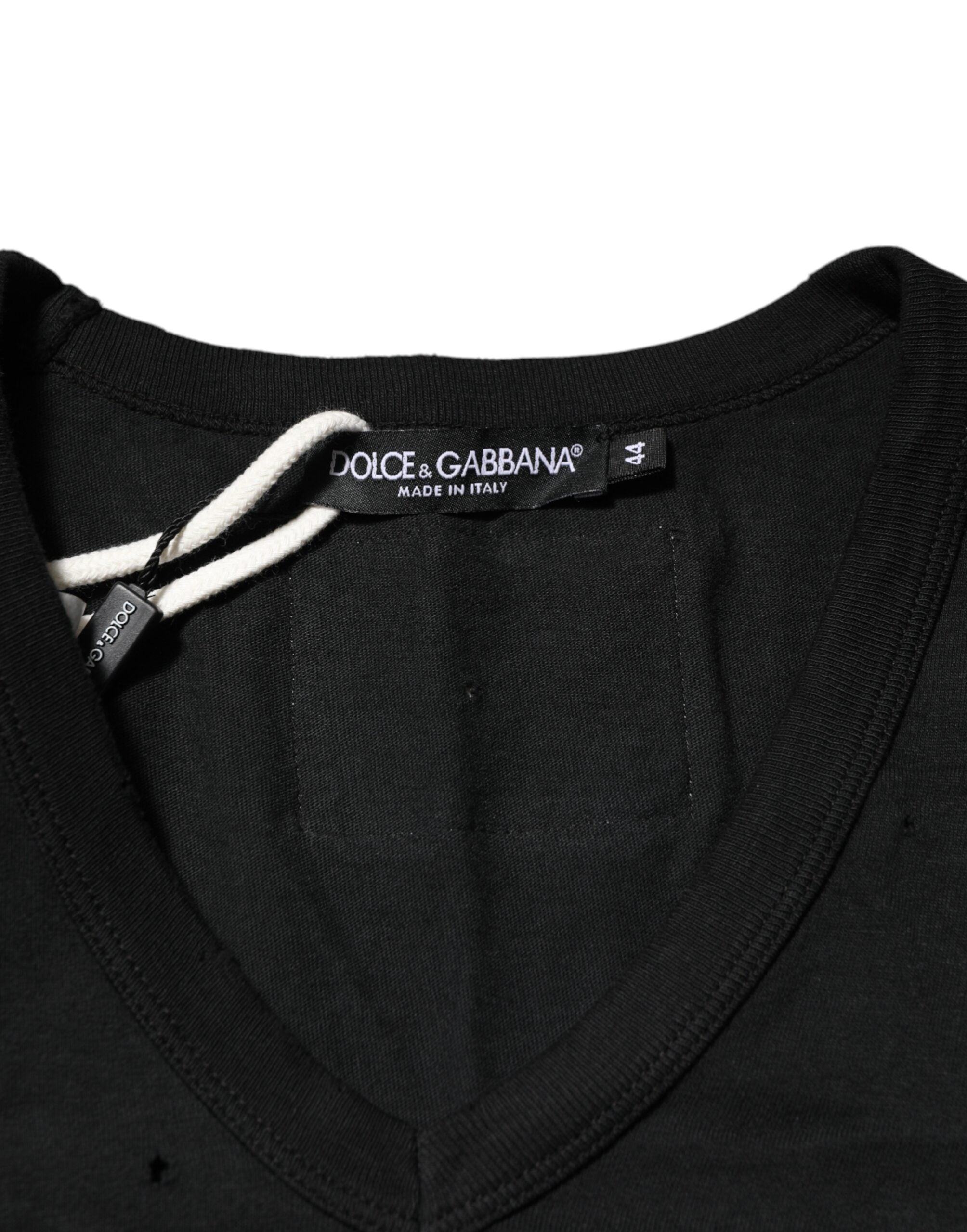 Dolce & Gabbana Black V-neck cotton t-shirt with a distressed logo for men-7