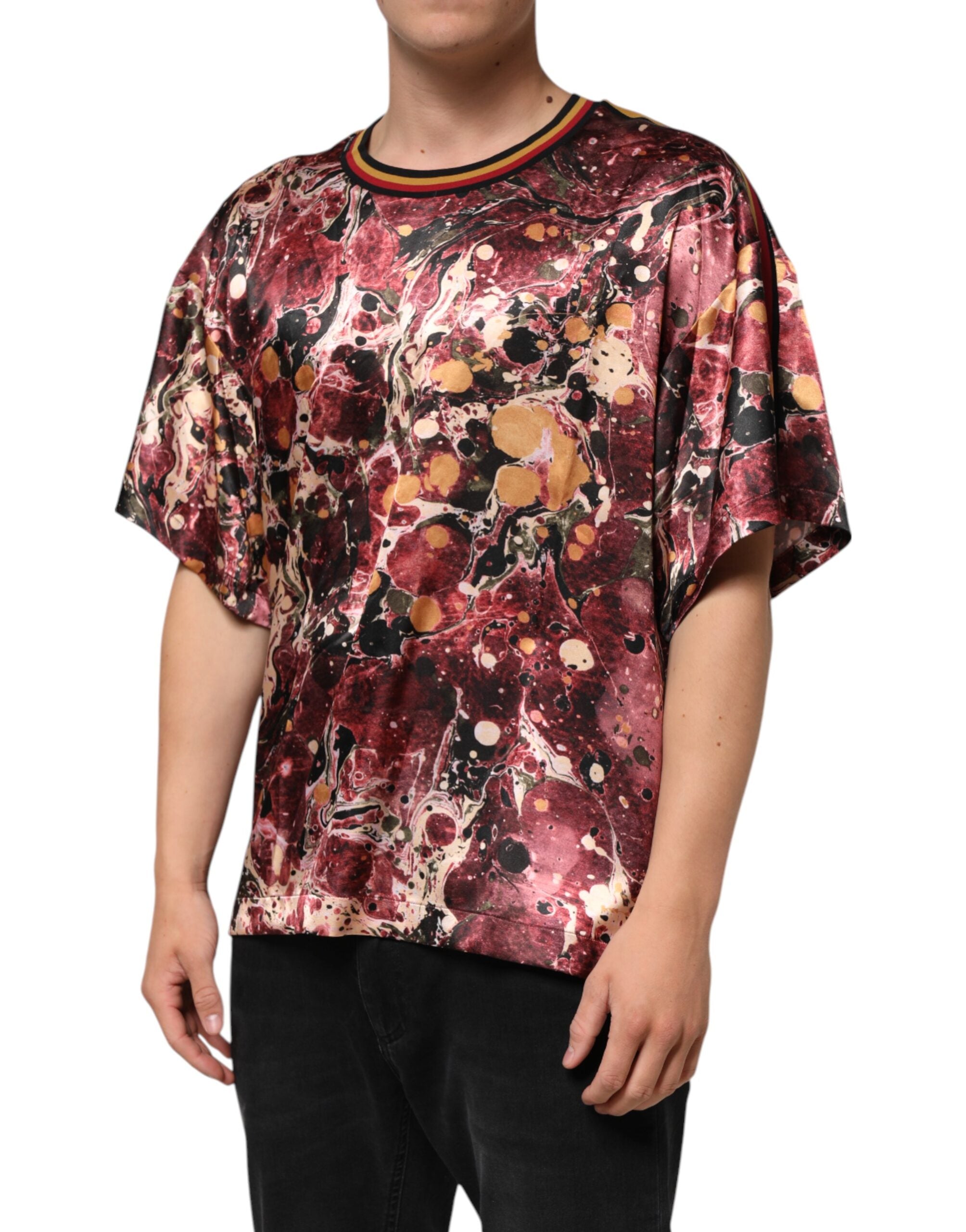 Dolce & Gabbana Mehrfarbiges Polyester-T-Shirt mit Marmordruck in Übergröße-3