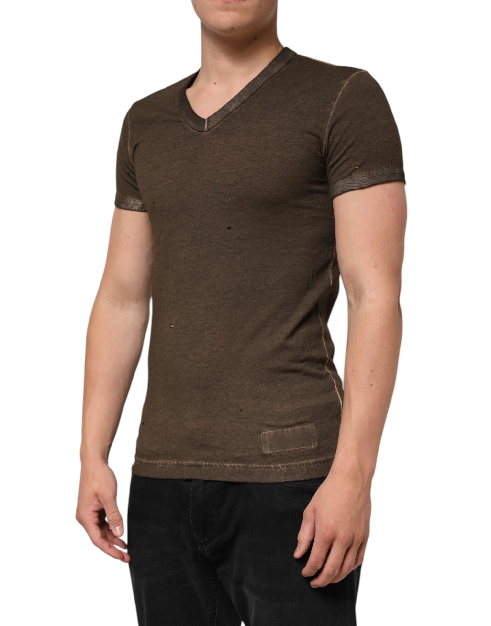 Dolce & Gabbana Dunkelbraunes T-Shirt mit zerfetztem Logo aus Baumwolle für Männer-4