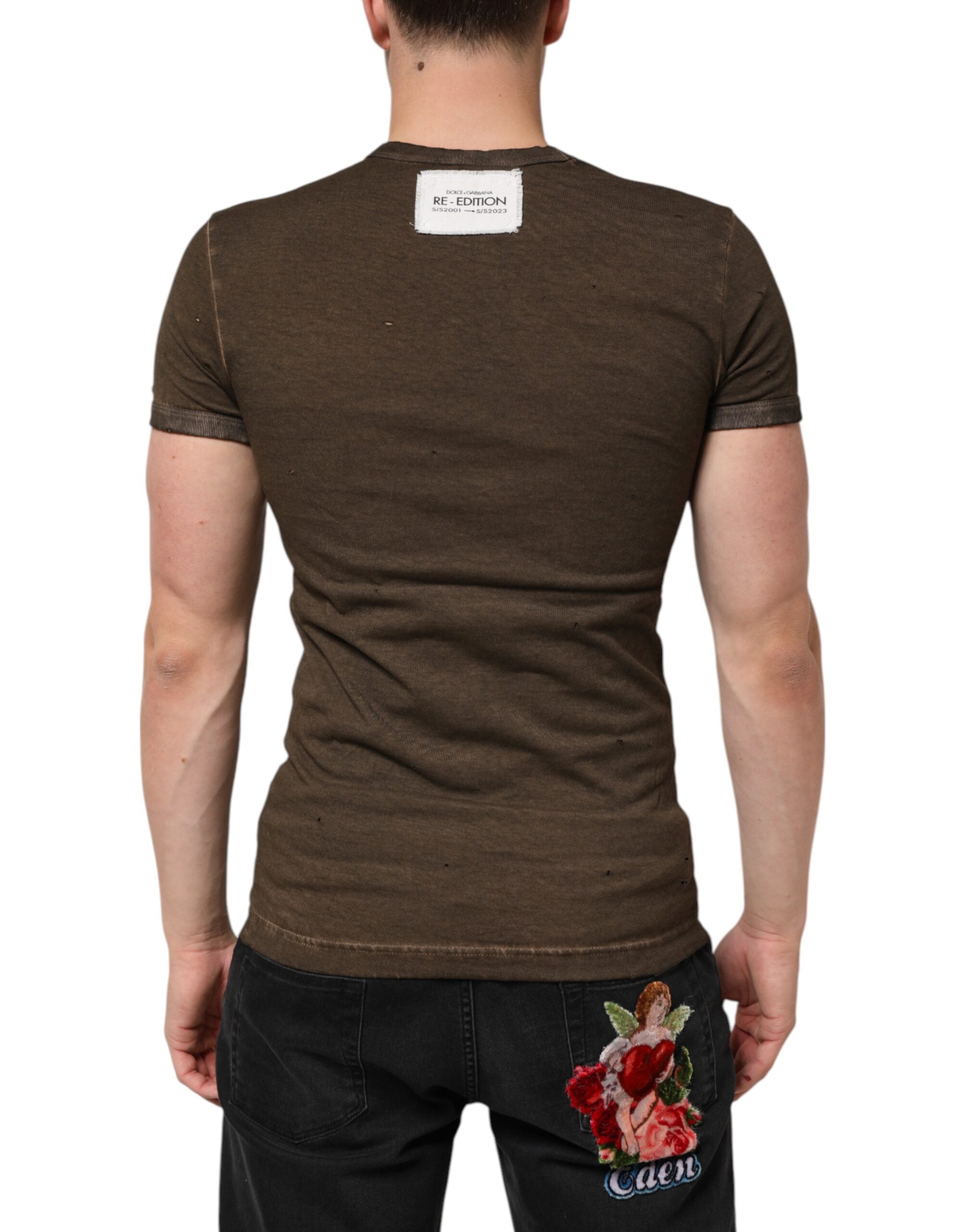 Dolce & Gabbana Dunkelbraunes T-Shirt mit zerfetztem Logo aus Baumwolle für Männer-3