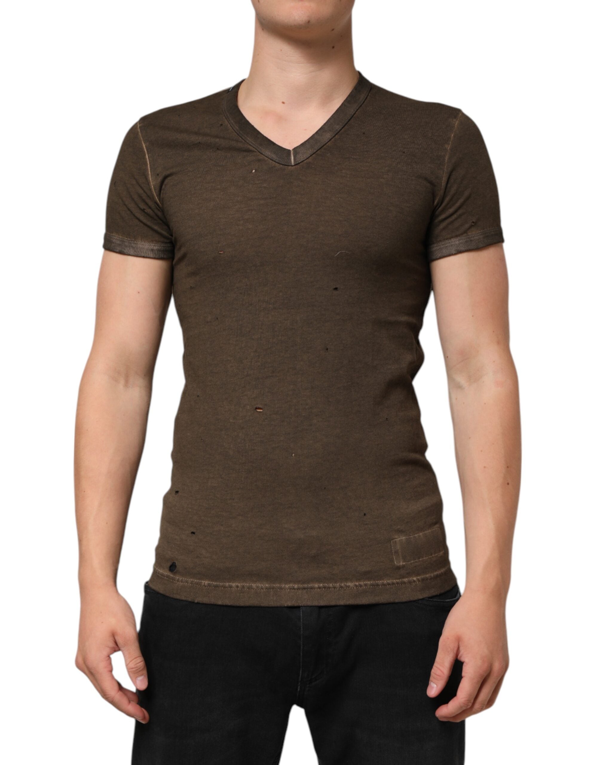 Dolce & Gabbana Dunkelbraunes T-Shirt mit zerfetztem Logo aus Baumwolle für Männer-1