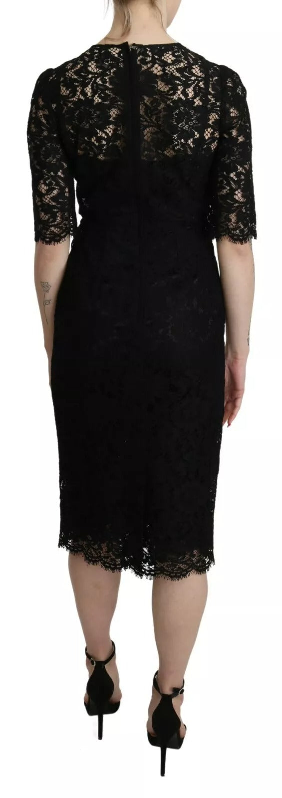 Dolce & Gabbana Black floral lace knee-length coat dress-5