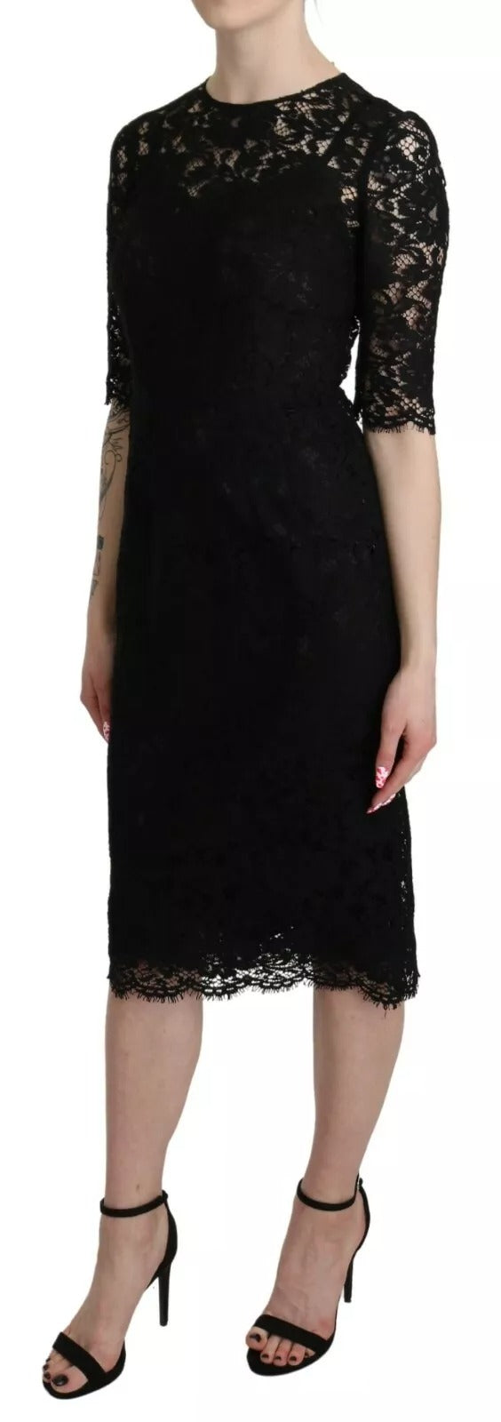 Dolce & Gabbana Black floral lace knee-length coat dress-3