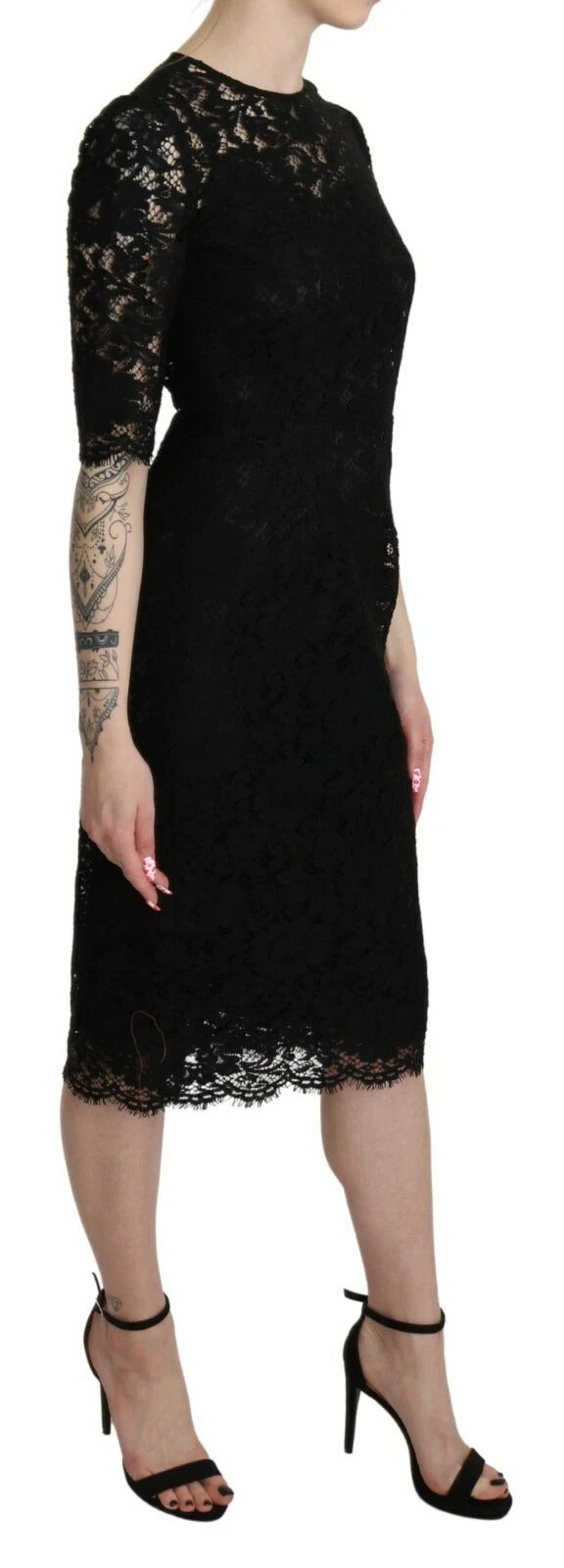 Dolce & Gabbana Black floral lace knee-length coat dress-4
