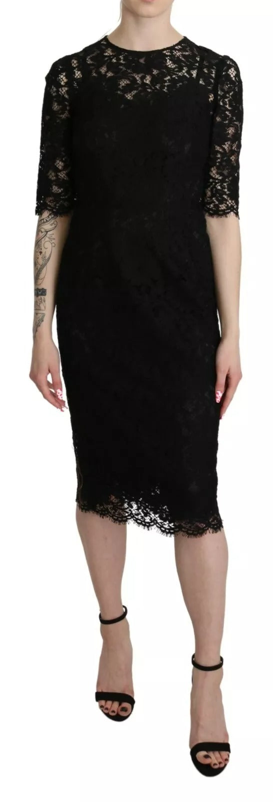 Dolce & Gabbana Black floral lace knee-length coat dress-1