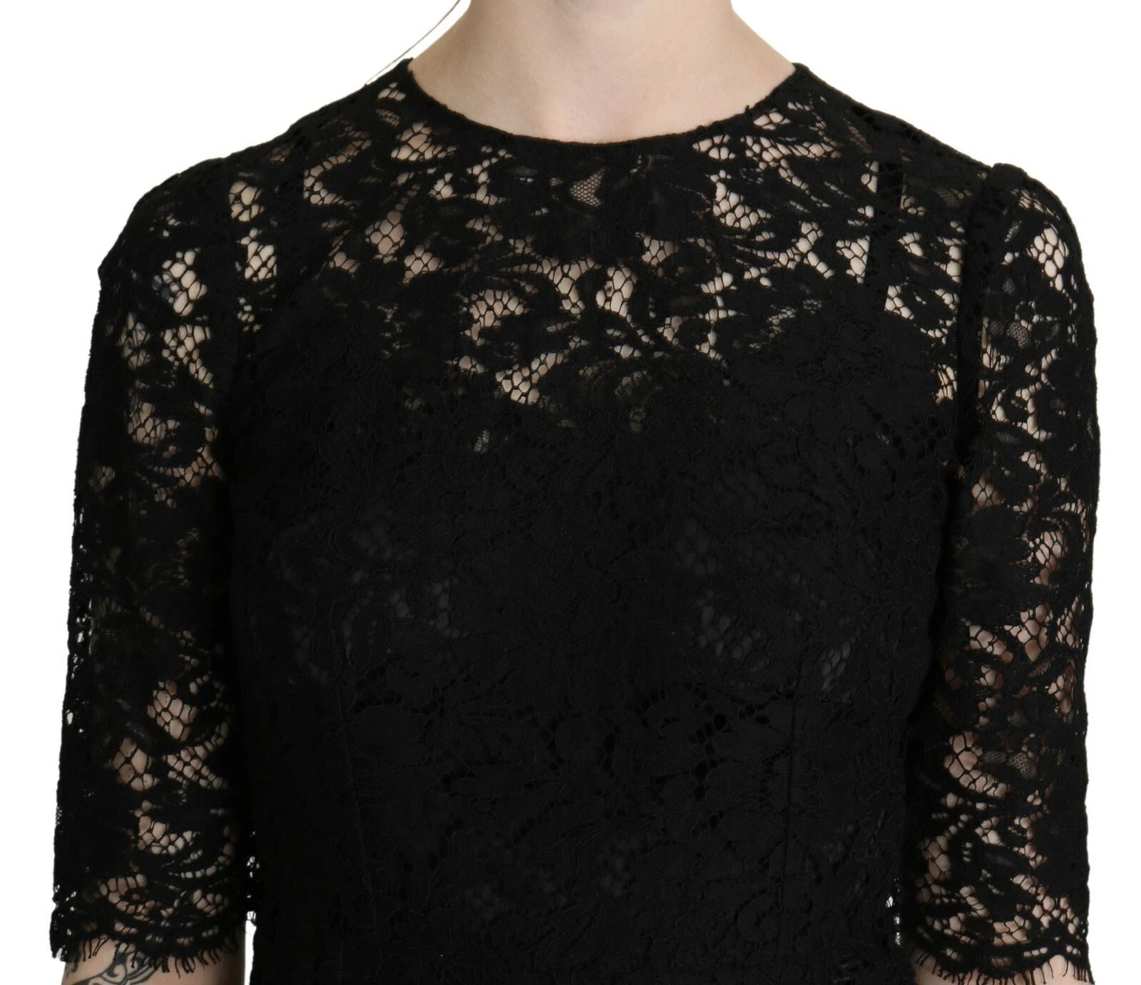 Dolce & Gabbana Black floral lace knee-length coat dress-2