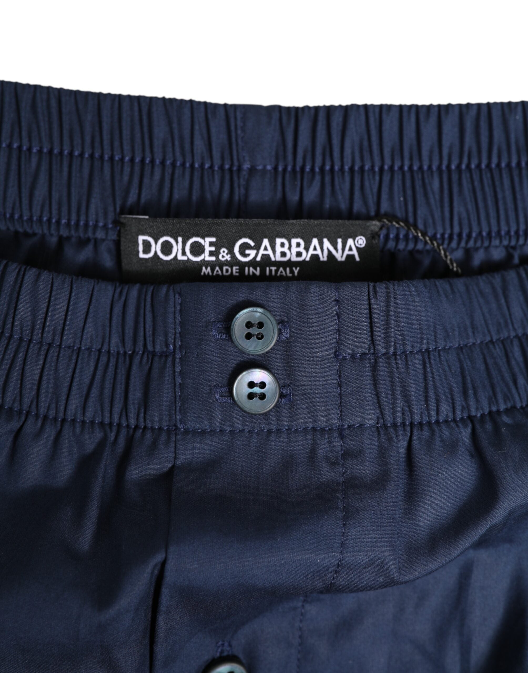 Dolce & Gabbana navy blue cotton swimwear with elasticated waistband and button.-3